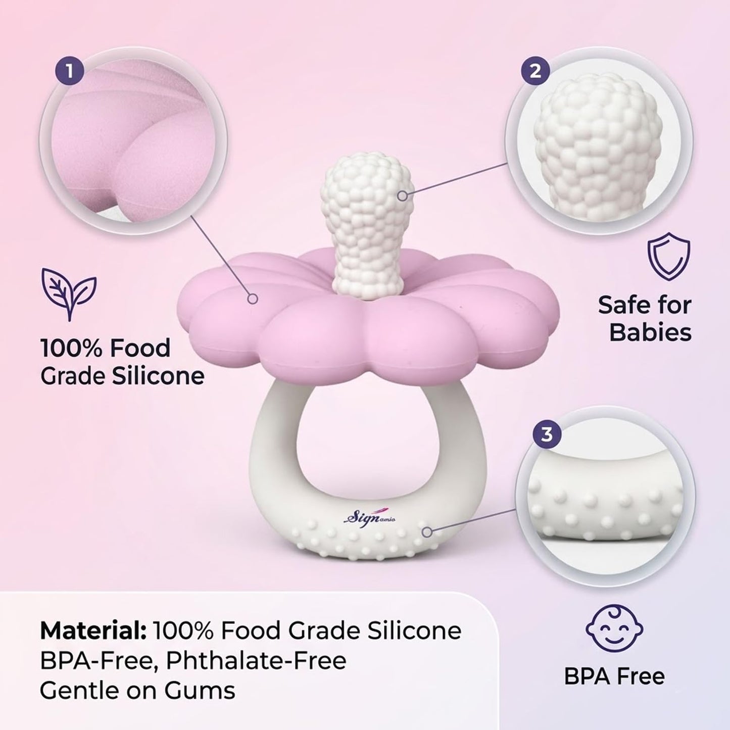Signamio Silicone Teether for Baby, BPA Free - Food Grade, Non Toxic PVC Free, Easy Grip Handle, Soft Edges, Baby Teethers for 6 to 12 Months, Teethers for 3 to 6 Months, Soft - Pink