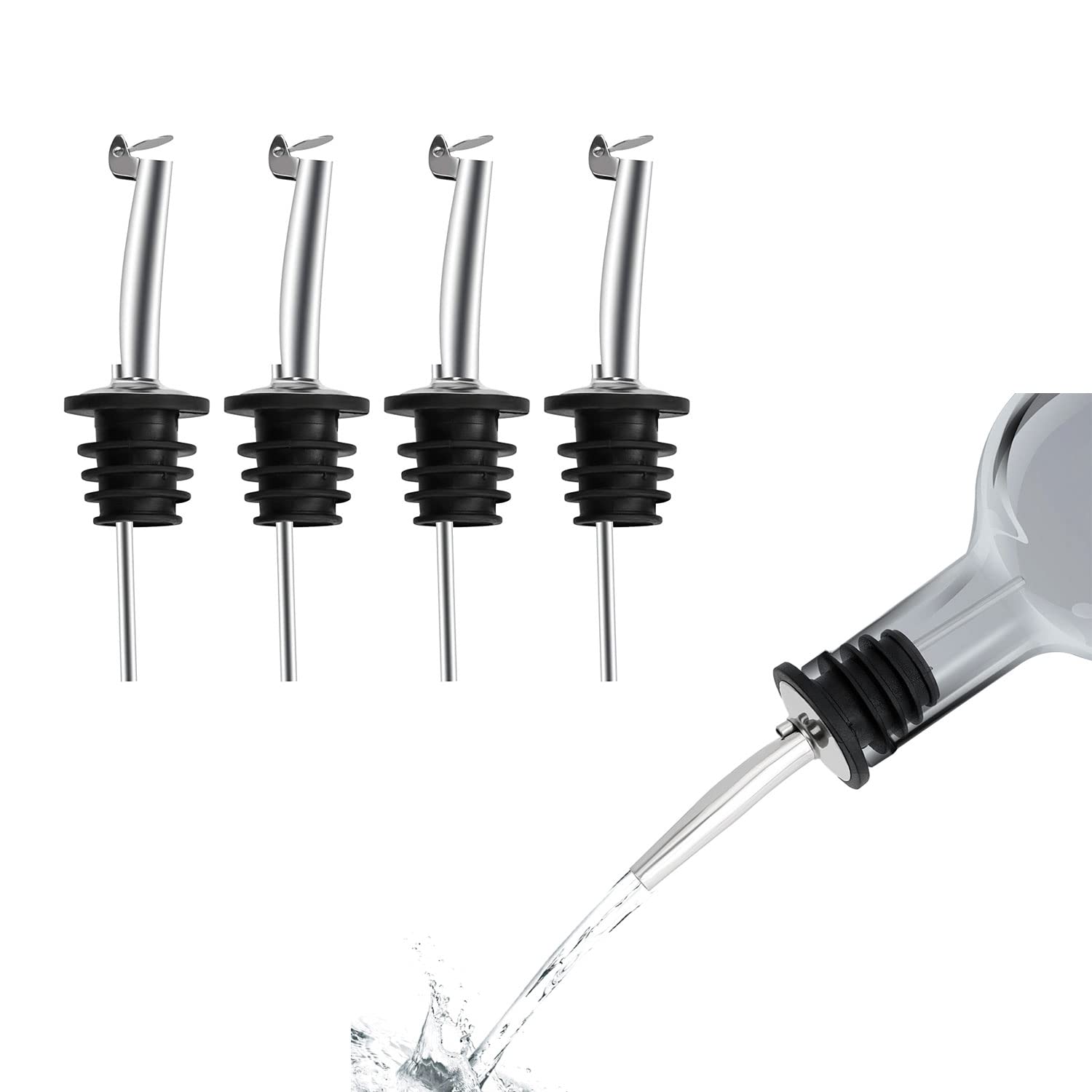 SIGNAMIO Oil Dispenser Nozzle Cap - Liquor Dispenser, Oil Pourer, Oil Bottle Cap for Kitchen Use, Fits Most Bottles, Easy Pour Spout, Leak-Proof Design, Stainless Steel, Set of 4