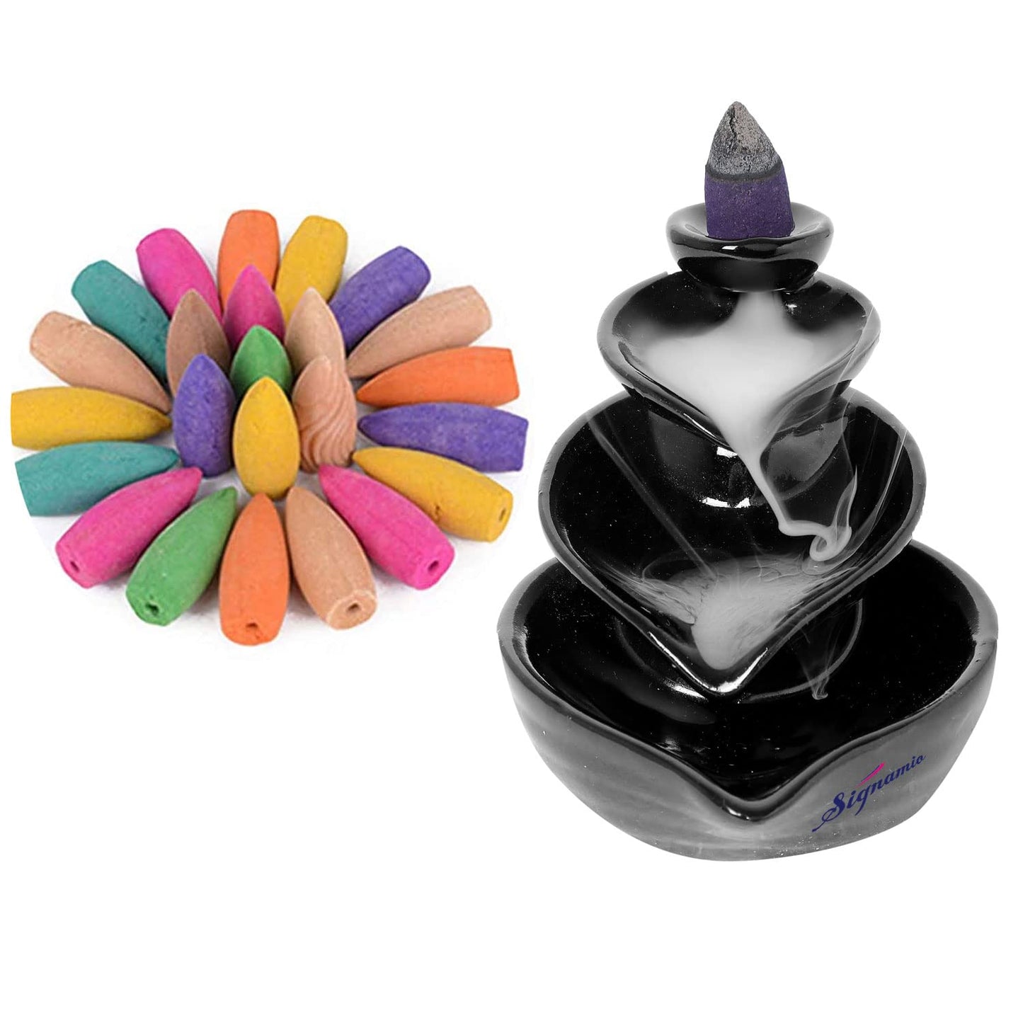 Signamio Ceramic Backflow Incense Fountain - 30 Cones Included for Pooja Meditation, Elegant Backflow Incense Holder, Aesthetic Incense Burner for Decor-DN-16