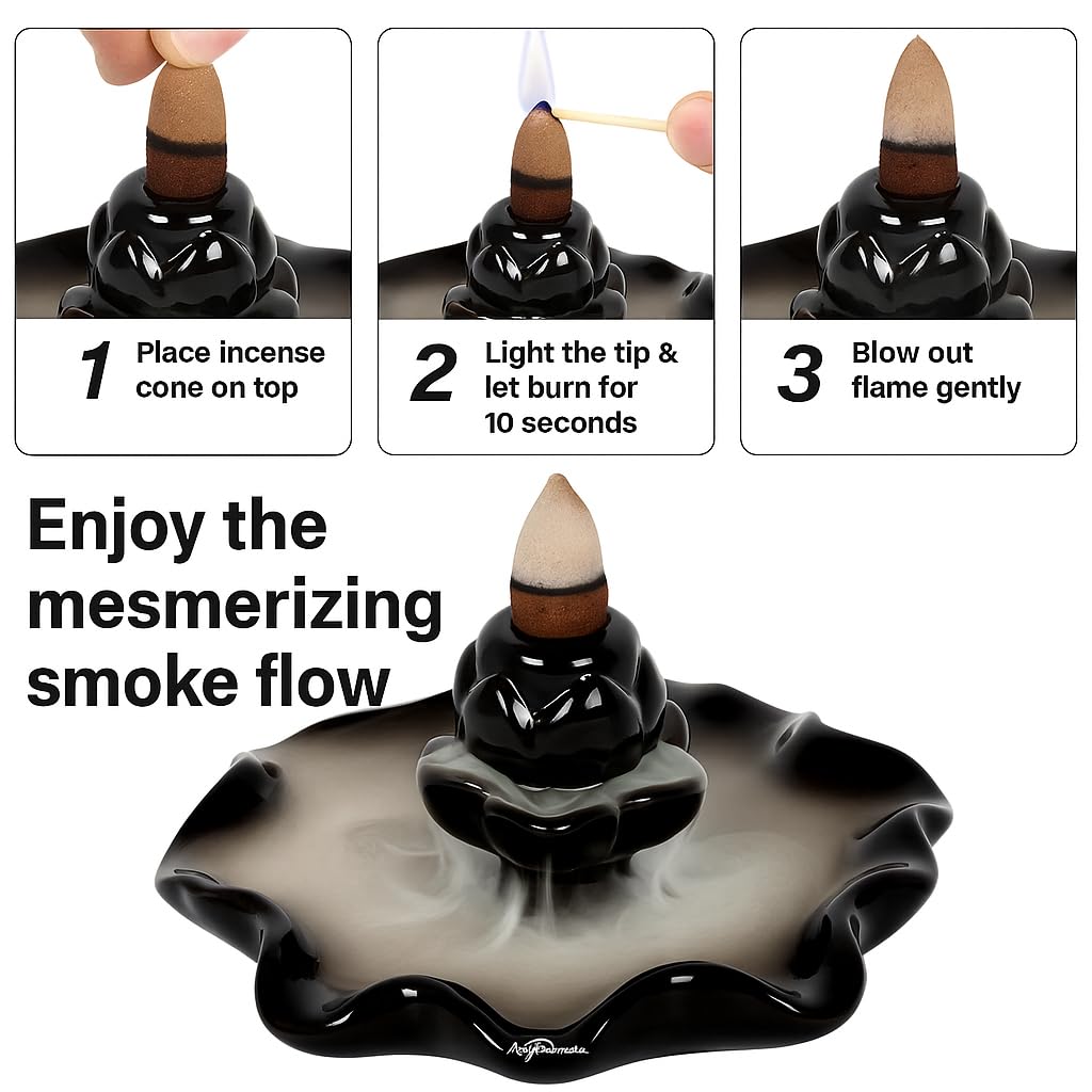 Signamio Ceramic Decorative Incense Stick Stand with Backflow Incense Smoke Fountain - 30 Cones Included for Pooja Meditation, Backflow Incense Burner Holder for Decor