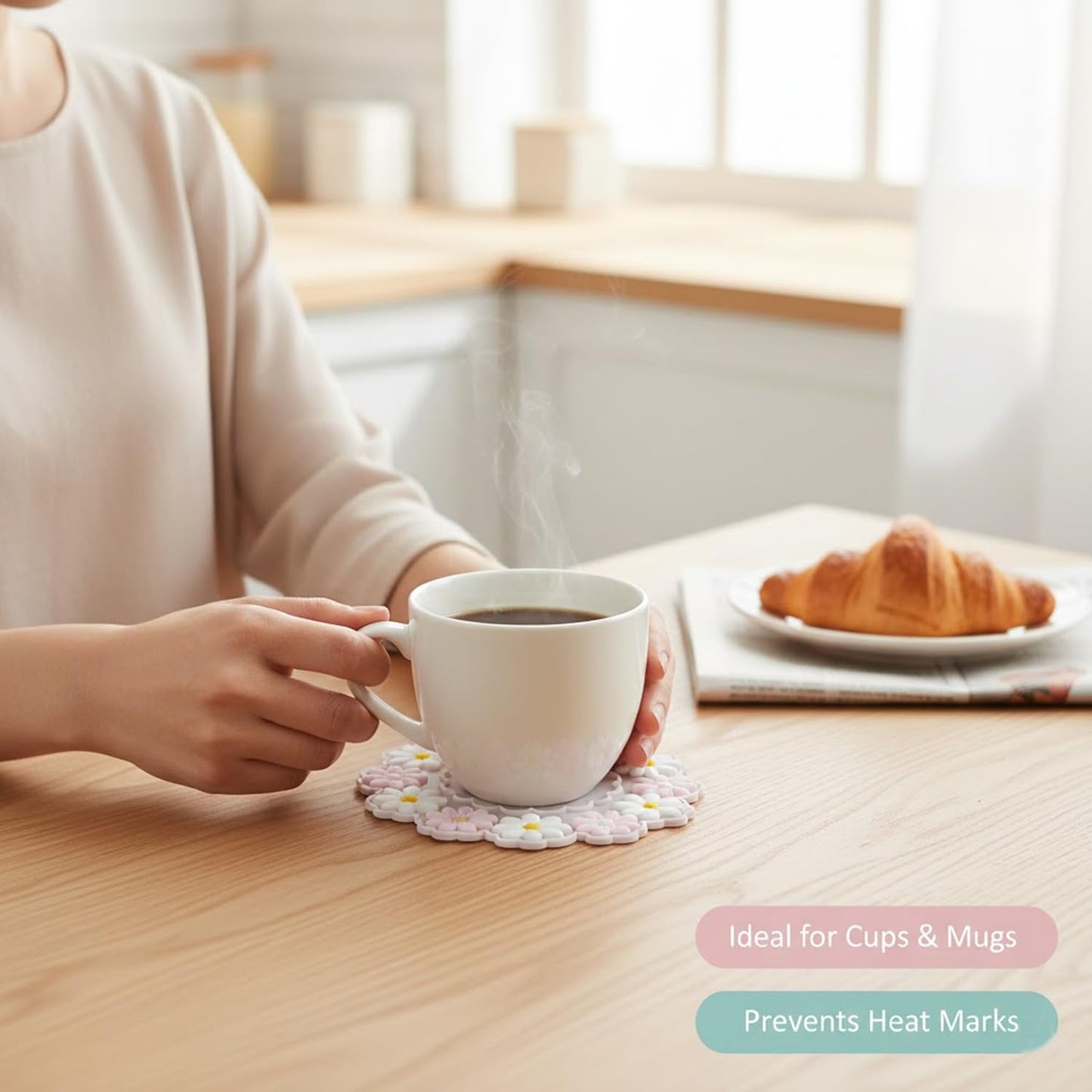Signamio Silicone Mat for Kitchen - Heat Resistant Flower Shaped Trivet Mat Set, Coasters for Dining Table for Hot Pots, Pack of 3-1 Small, 1 Medium, 1 Large Heat Mats - Pink