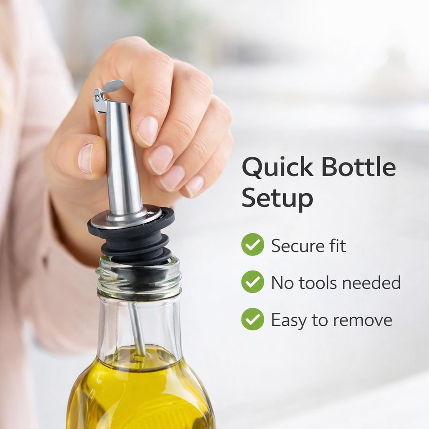 SIGNAMIO Oil Dispenser Nozzle Cap - Liquor Dispenser, Oil Pourer, Oil Bottle Cap for Kitchen Use, Fits Most Bottles, Easy Pour Spout, Leak-Proof Design, Stainless Steel, Set of 4