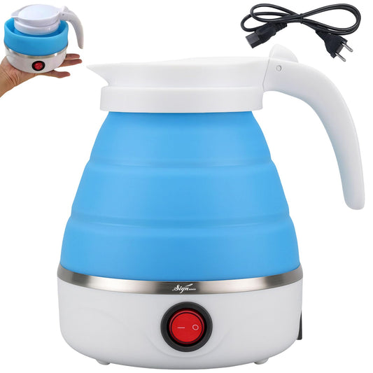 Signamio Electric Kettle - Portable for Travel, Foldable Silicone Travel Kettle, Compact and Lightweight, Ideal for Camping,Office, and Hotel Use, Quick Boil - 220V-600ML - Blue