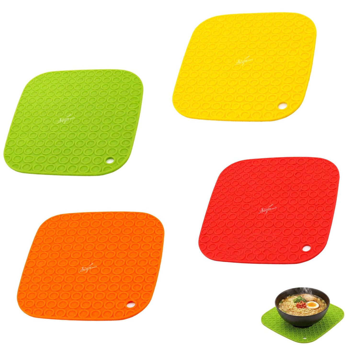 Signamio Silicone Mat for Kitchen - Pack of 4, Heat Resistant Coasters for Dining Table for Hot Pots, Heat Mats - Includes Round, Triangle, Square, Hexagon Shapes for Versatile Use