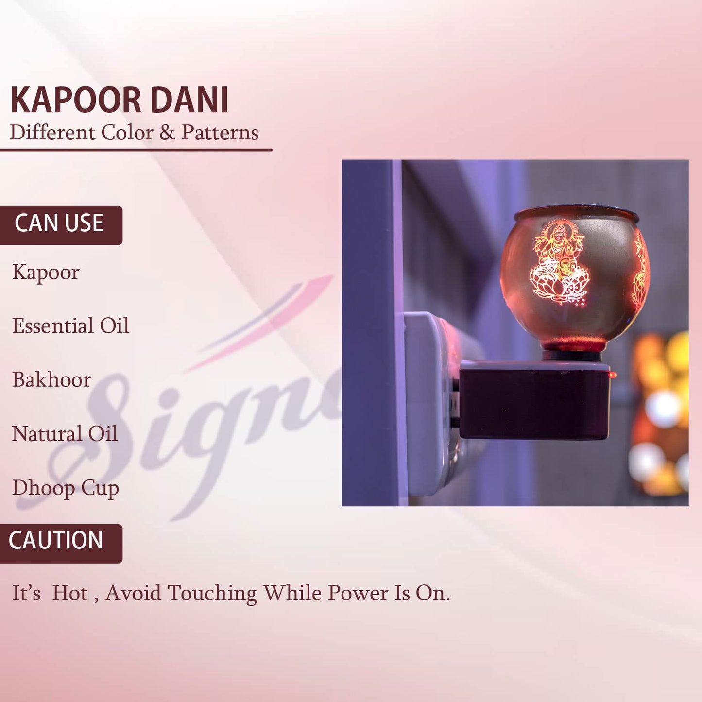 SIGNAMIO Multi Color 2 in 1 Electric Kapoor Dani Burner: Essential Home Fragrance Product & Room Freshener Diffuser with Night Lamp for Pooja Rooms, Aroma, Oil & Camphor Diffuser Capabilities-DN-Laxmi