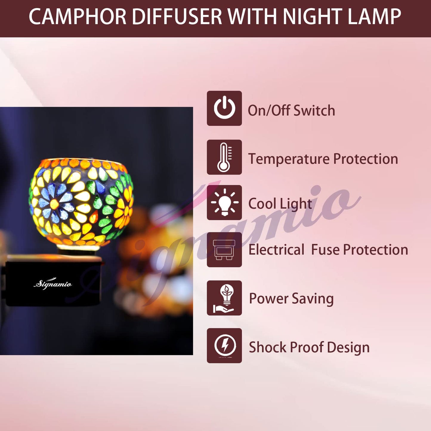 SIGNAMIO Multi Color 2 in 1 Kapoor Dani Electric Camphor Diffuser Burner & Aroma Diffuser Home Fragrance with Night Lamp, Perfect for Pooja Rooms & Daily Room Freshener Needs - DN-9