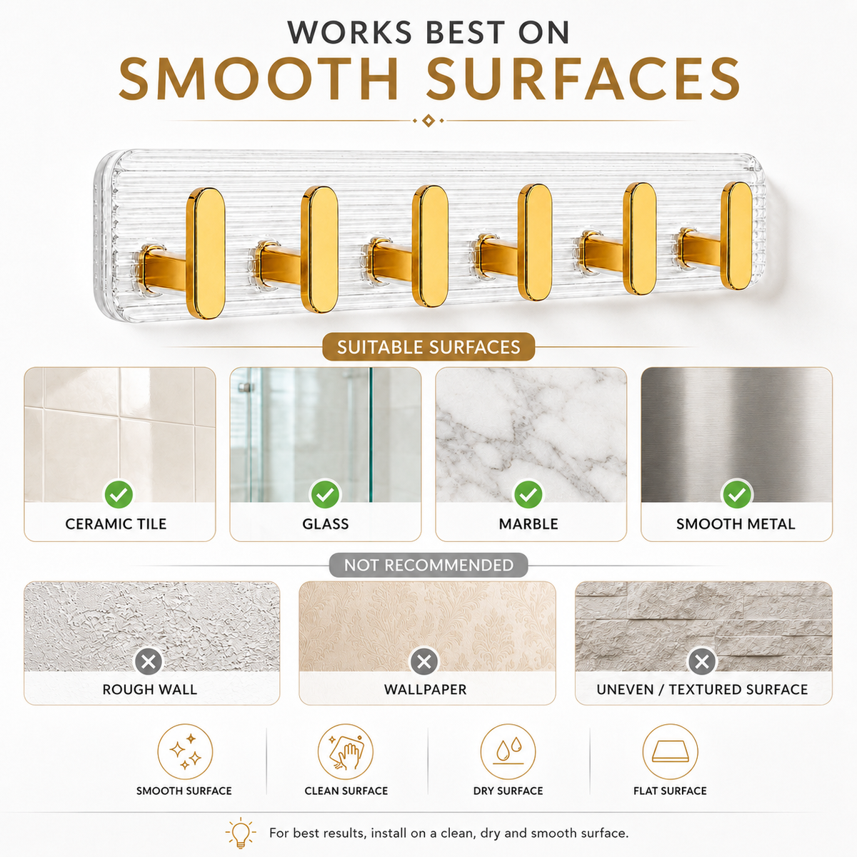 SIGNAMIO 6 Hook Shelf Adhesive Strip Wall Hanging Sticky Hook Gold