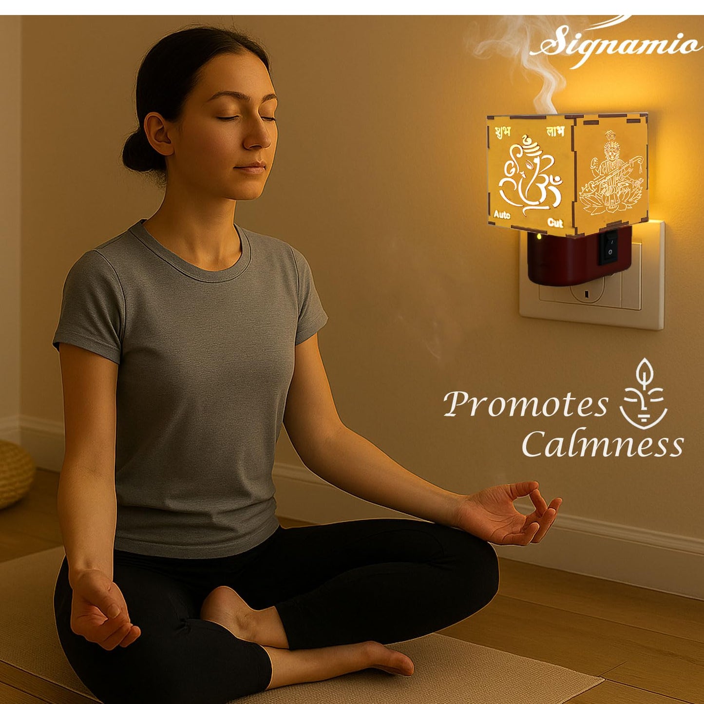 SIGNAMIO® Auto Cut Wooden Ganesha Laxmi Saraswati Camphor Kapoor Bakhoor Oud Aroma Oil Diffuser Incense Dhoop Burner Electrical Stand Machine for Home Fragrance with Night Lamp