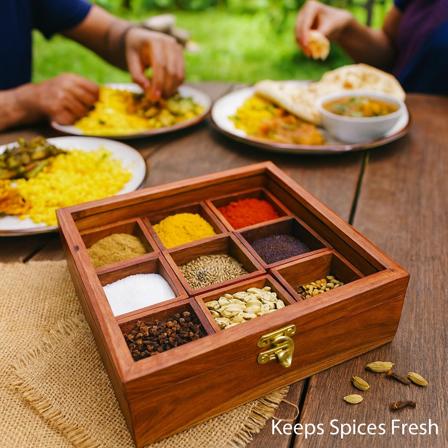 SIGNAMIO® Square Wooden Spice Box with Detachable Containers and Spoon, Transparent Glass Masala dani for Kitchen Storage, Anjarai Petti Style Organizer, Perfect Wooden Masala Box for Kitchen Use