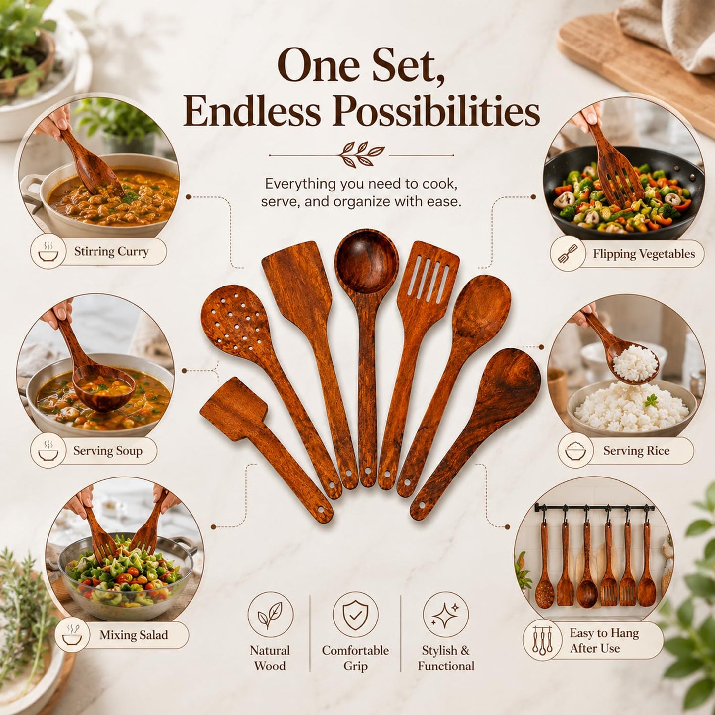 SIGNAMIO 7-Piece Wooden Spatula Set for Cooking, Natural Sheesham Wood Kitchen Utensils Set, Non-Stick Safe Cooking Tools, Turner, Ladle, Slotted Spatula & Serving Spoon Set for Kitchen