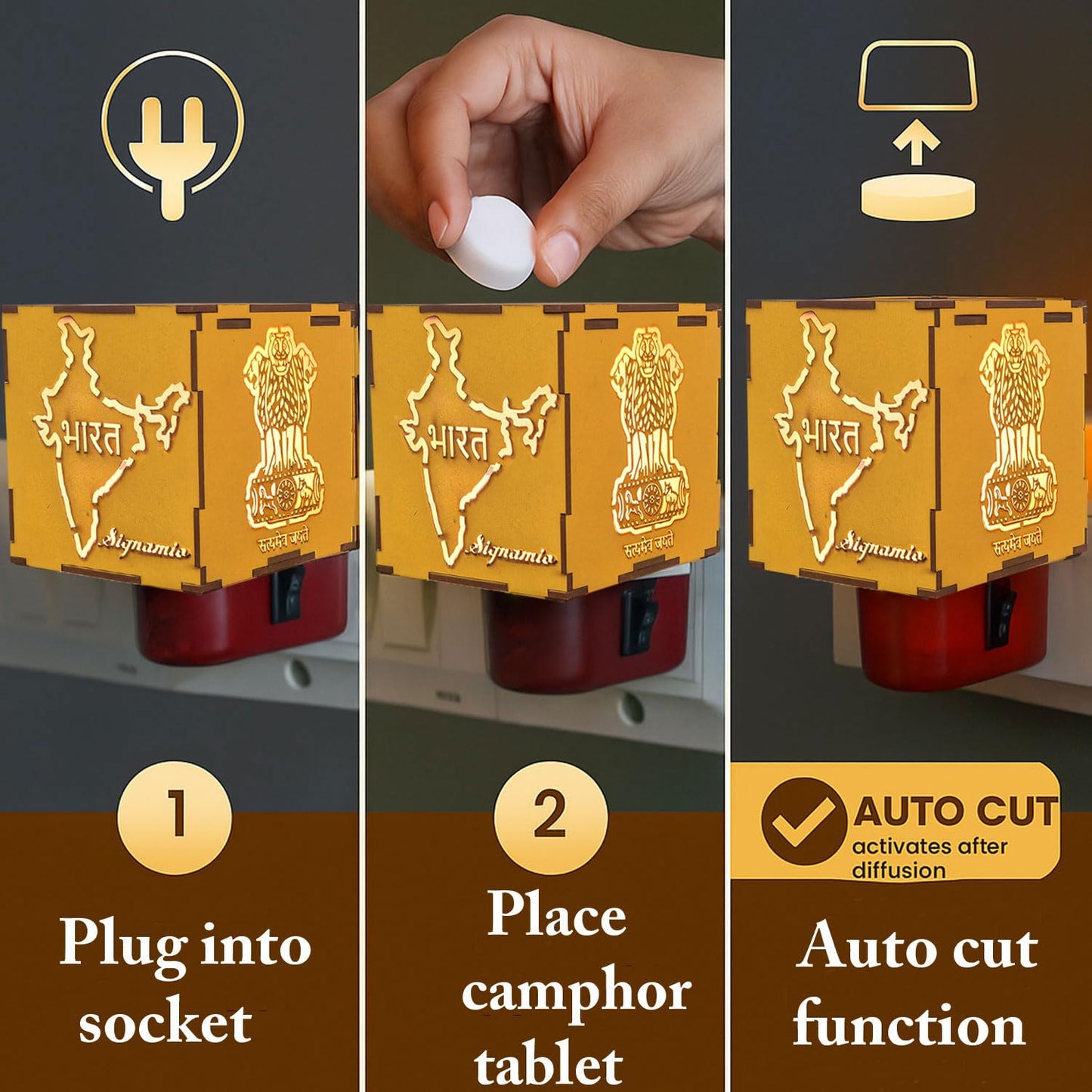 SIGNAMIO® Auto Cut Wooden Bharat Camphor Kapoor Bakhoor Oud Aroma Oil Diffuser Incense Dhoop Burner Electrical Stand Machine for Home Fragrance with Night Lamp