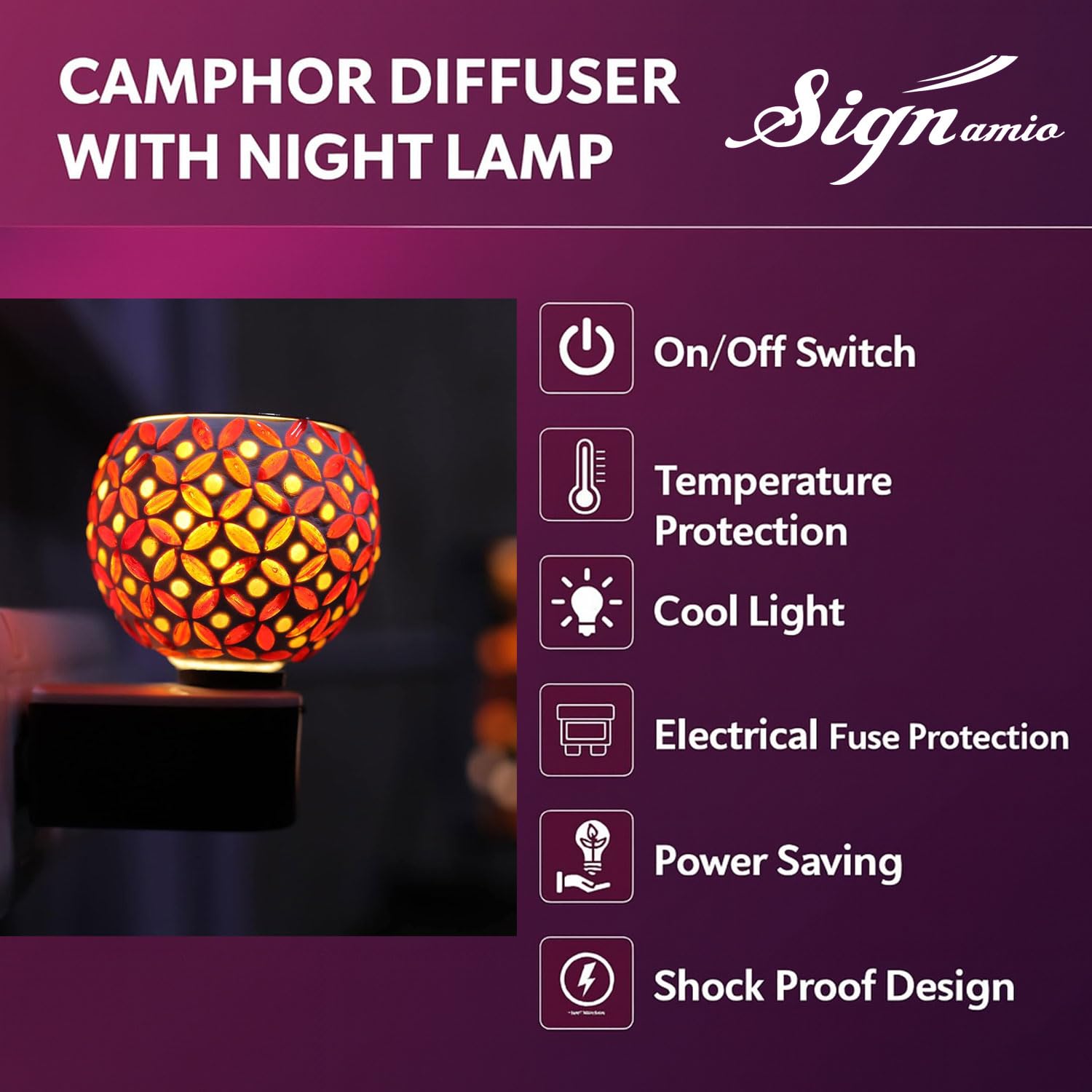 Signamio® Night lamp Kapoor dani with 100gm Camphor Tablets Electrical Machine/Incense-Aroma Burner,Kapoordani Diya/Dhoop Dani/Electric kapurdani/Camphor Diffuser Steel Ceramic for Home,office-DN-12