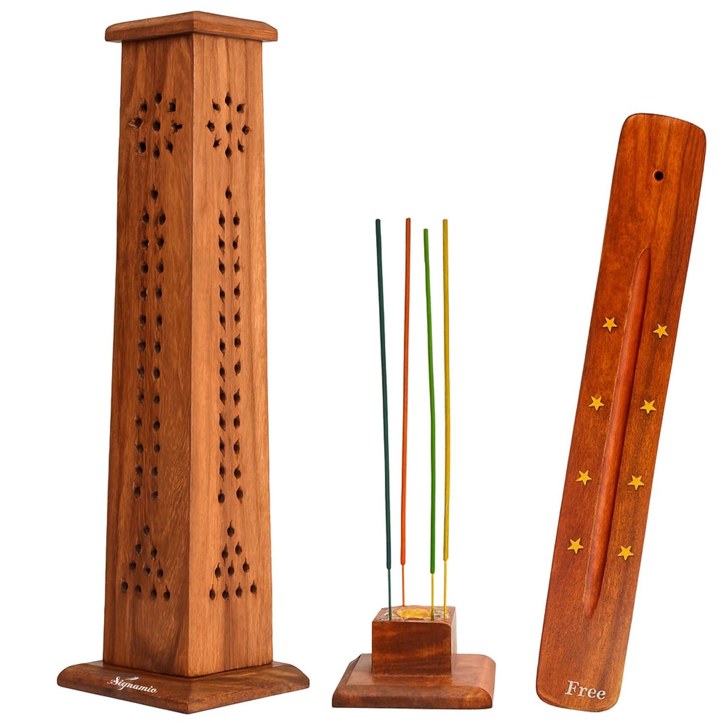 SIGNAMIO® 2pcs Wooden Tower Agarbatti and Dhoop Holder Premium Incense Stick Stand with Ash Catcher for Pooja Room Decoration - Puja Items for Home Mandir & Agarbatti Stand Holder with Storage Box