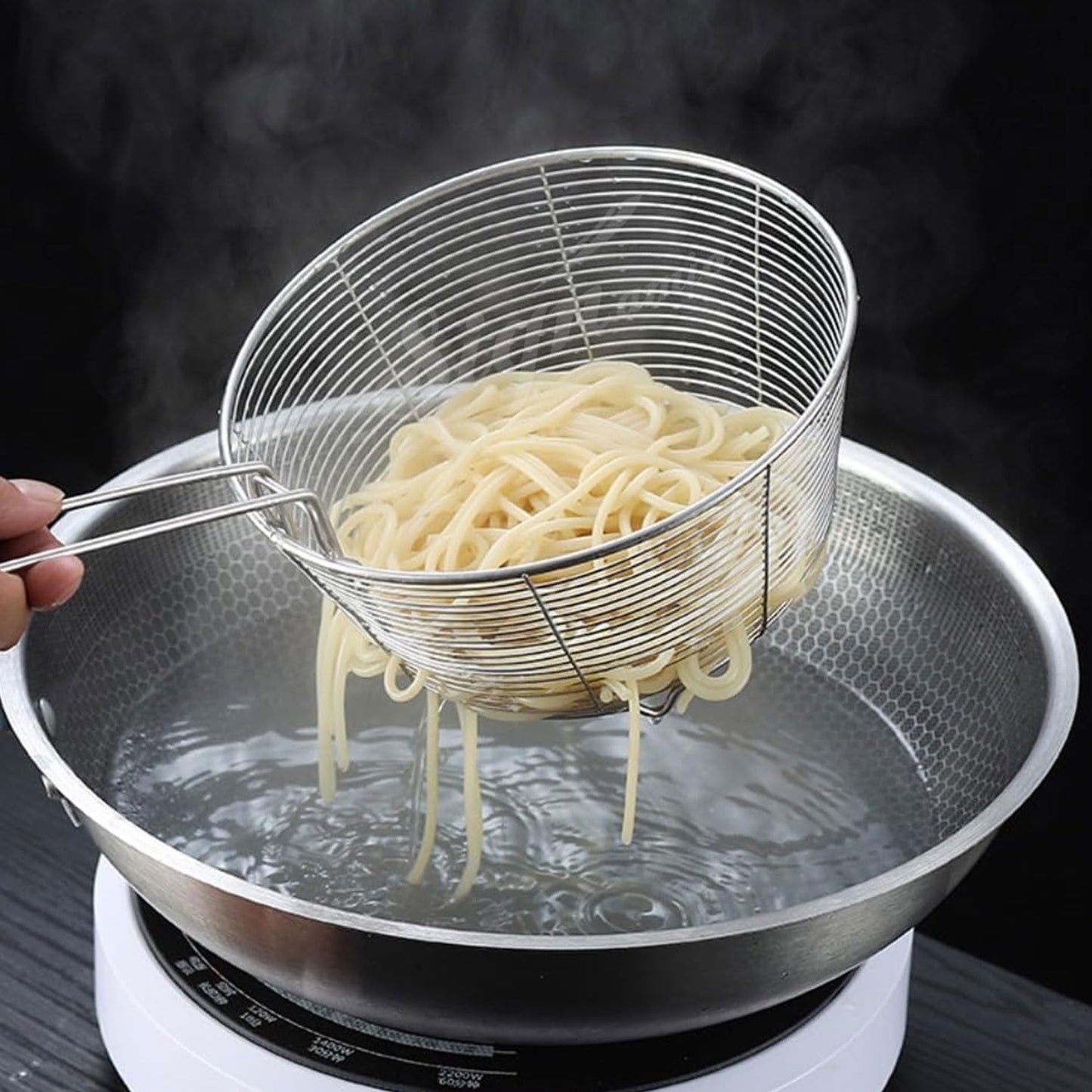 Signamio Diameter 16 cm Basket Shape Stainless Steel Deep Fry Net Spoon Oil Strainer for Kitchen - Frying Spoon for Puri & Poori Strainer Kitchen Utensil for Frying, Cooking & Straining Tool Steel