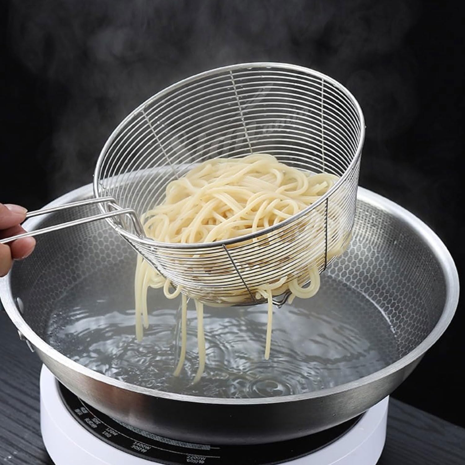 Signamio Diameter 16 cm Basket Shape Stainless Steel Deep Fry Net Spoon Oil Strainer for Kitchen - Frying Spoon for Puri & Poori Strainer Kitchen Utensil for Frying, Cooking & Straining Tool Steel