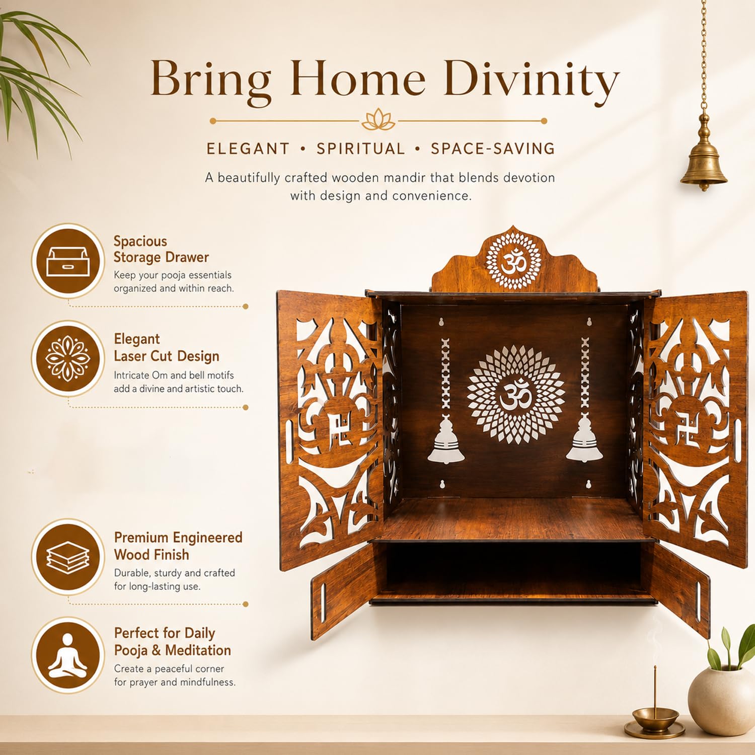 SIGNAMIO Mandir for Home with Door & LED Light | Wooden MDF Pooja Temple | Temple for Home with Door | Wall Mounted Hanging Home Temple with Storage Drawer
