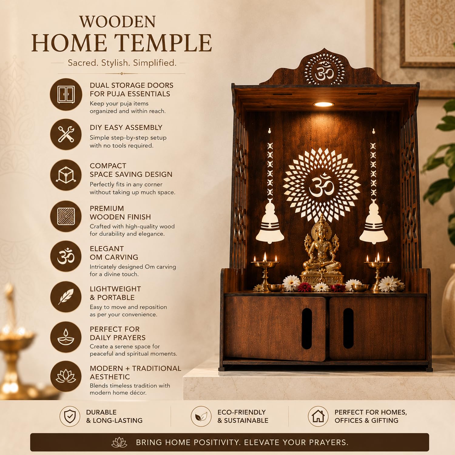 SIGNAMIO Mandir for Home with LED Light | Wooden MDF Puja Mandir | Wall Mounted Temple | Home Temple with Storage Drawer | Decorative Wooden Temple for Living Room & Prayer Room