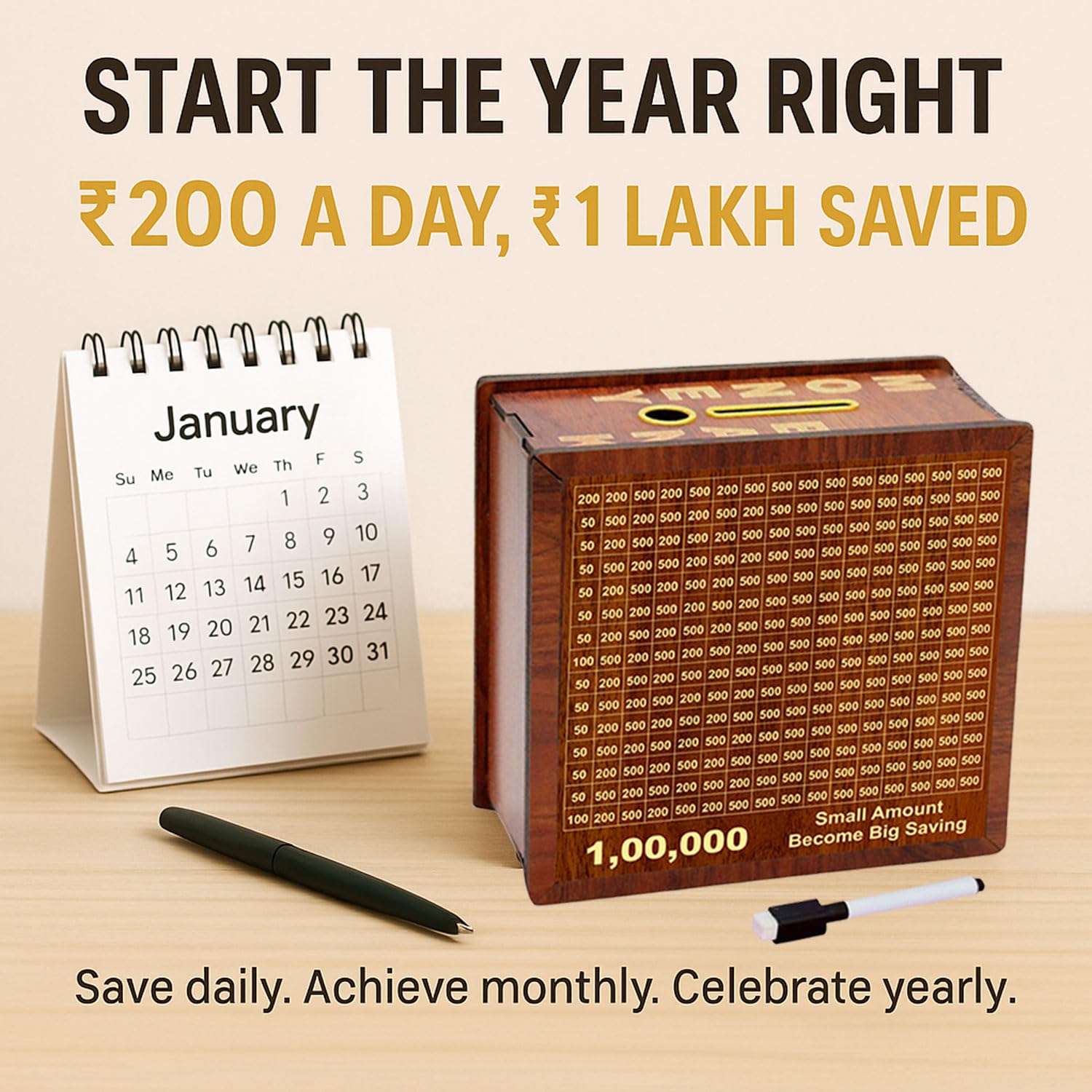 Signamio Money Saving Box for Adult and Kids 1 Lakh Wooden Piggy Bank: Premium Money Saving Box for Adults, Girls, and Kids - Gullak for Women, Men with Number Display - Stylish Kiddy Money Bank