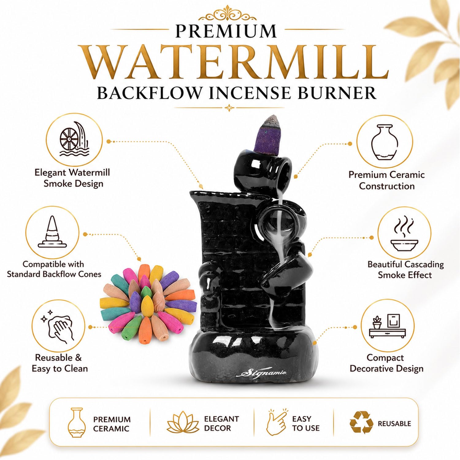 Signamio Ceramic Backflow Incense Fountain - 30 Cones Included for Pooja Meditation, Elegant Backflow Incense Holder, Aesthetic Incense Burner for Decor-DN-25