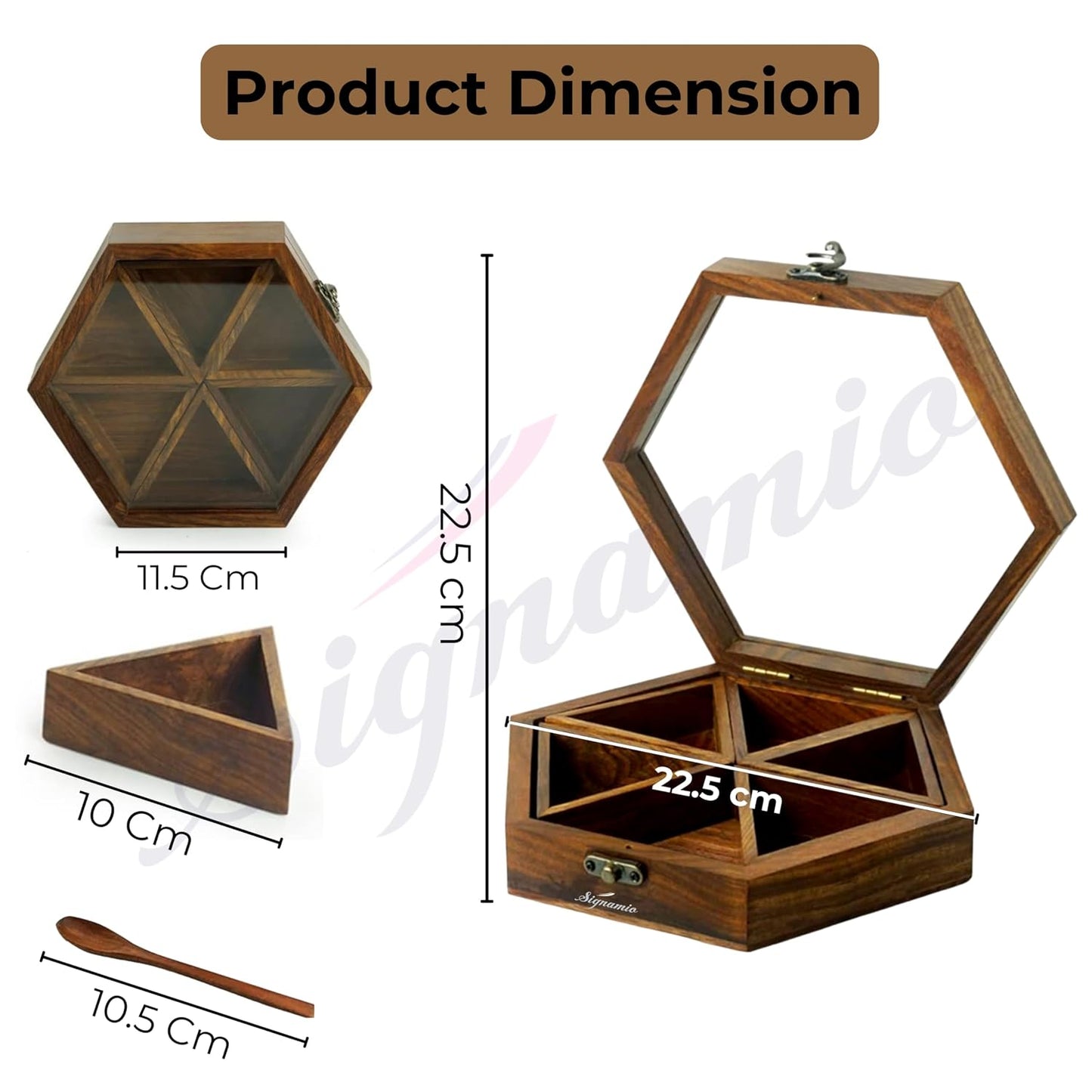SIGNAMIO® Hexa Wooden Spice Box with Detachable Containers and Spoon, Transparent Glass Masala dani for Kitchen Storage, Anjarai Petti Style Organizer, Perfect Wooden Masala Box for Kitchen Use