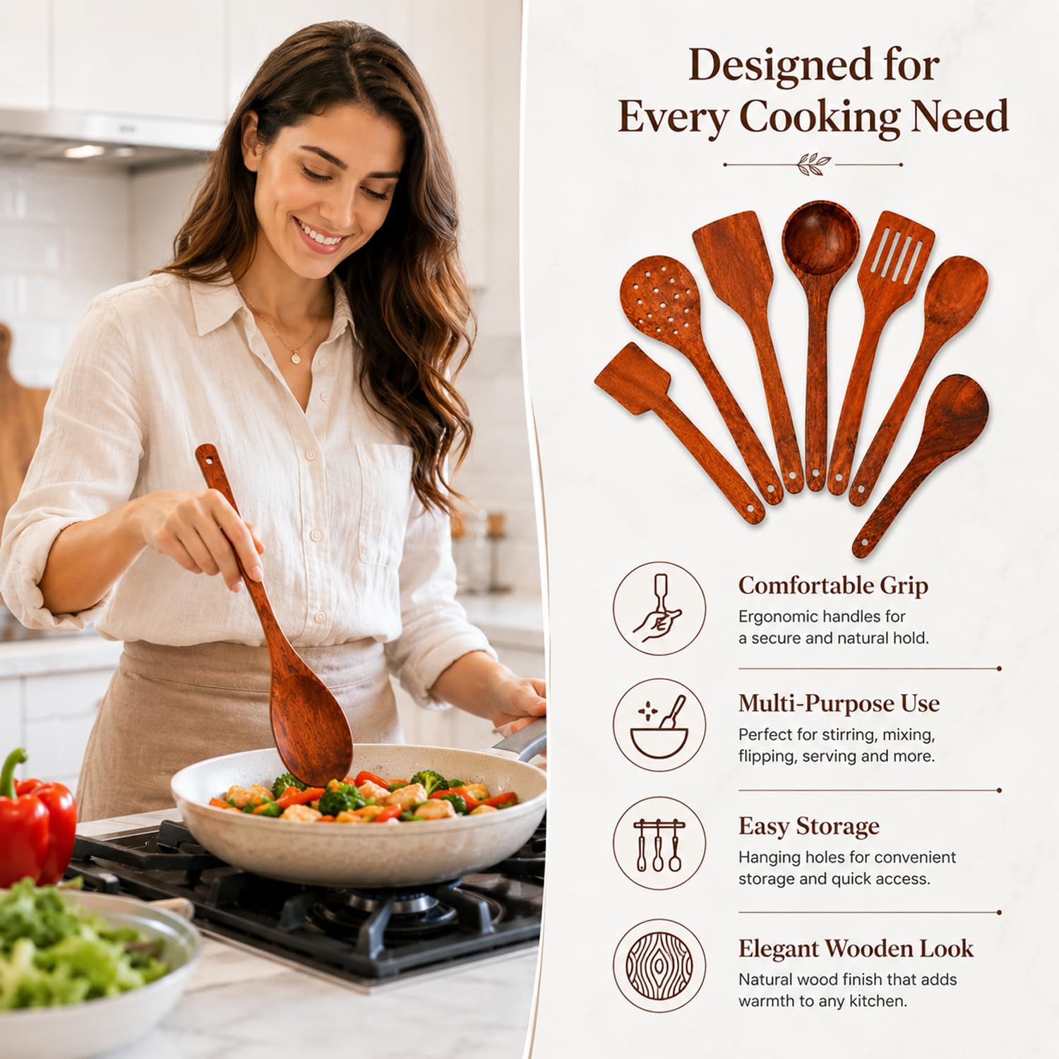 SIGNAMIO 7-Piece Wooden Spatula Set for Cooking, Natural Sheesham Wood Kitchen Utensils Set, Non-Stick Safe Cooking Tools, Turner, Ladle, Slotted Spatula & Serving Spoon Set for Kitchen