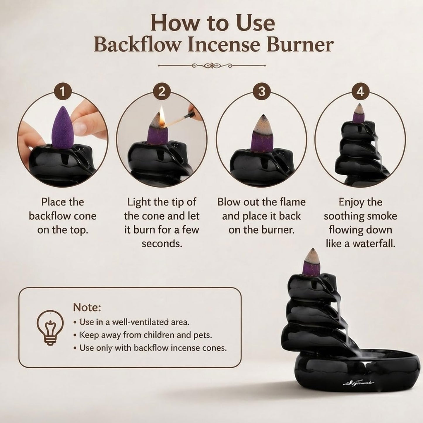 Signamio Ceramic Backflow Incense Fountain - 30 Cones Included for Pooja Meditation, Elegant Backflow Incense Holder, Aesthetic Incense Burner for Decor-DN-24