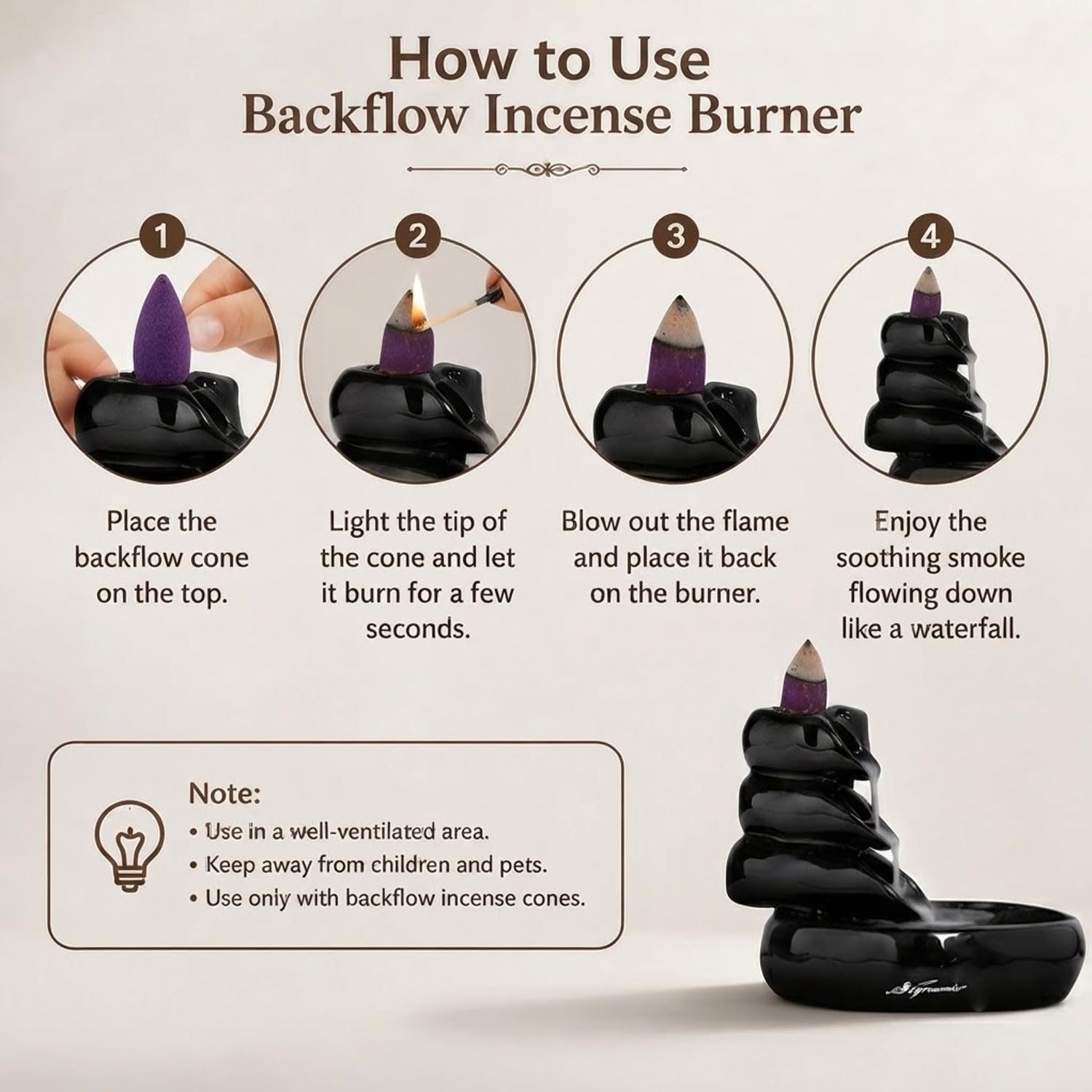 Signamio Ceramic Backflow Incense Fountain - 30 Cones Included for Pooja Meditation, Elegant Backflow Incense Holder, Aesthetic Incense Burner for Decor-DN-24