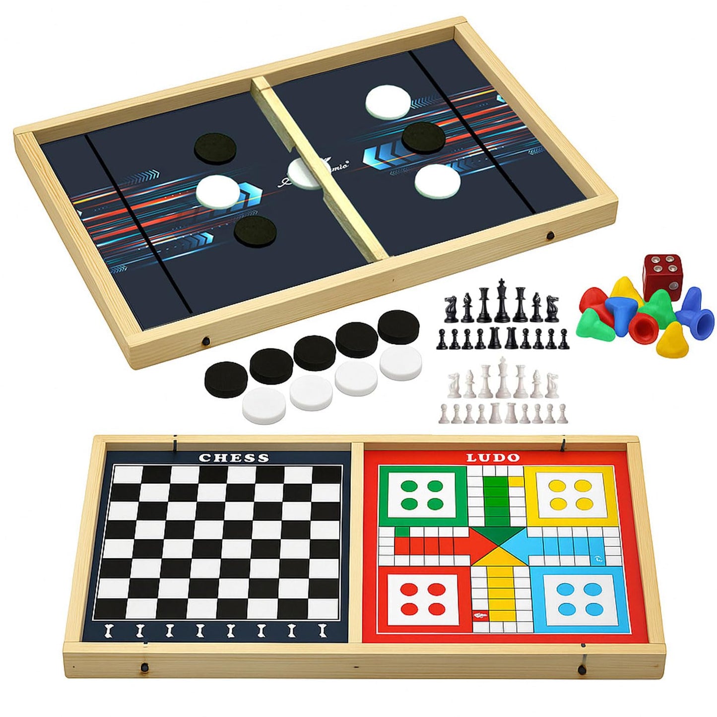 Signamio 3in1 Fastest Finger First String Sling Puck Air Ice Hockey, Ludo, Snake Wooden Board Games Set for Kids 10 Years - DN-1