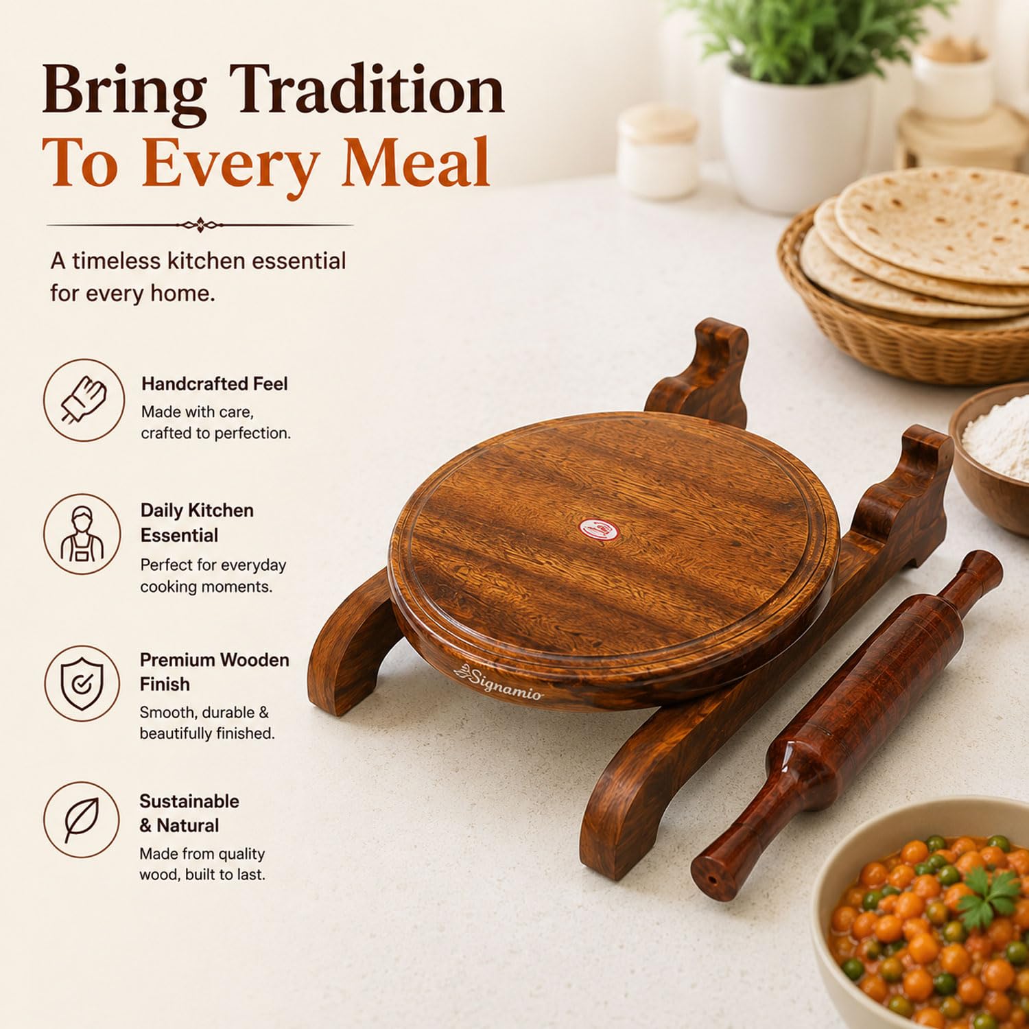 SIGNAMIO® Wooden Chakla Belan Set for Kitchen - Roti Maker with Rolling Pin and Board Stand - Perfect Chapati Rolling Board and Polpat Latna for Effortless Roti and Chapati Preparation