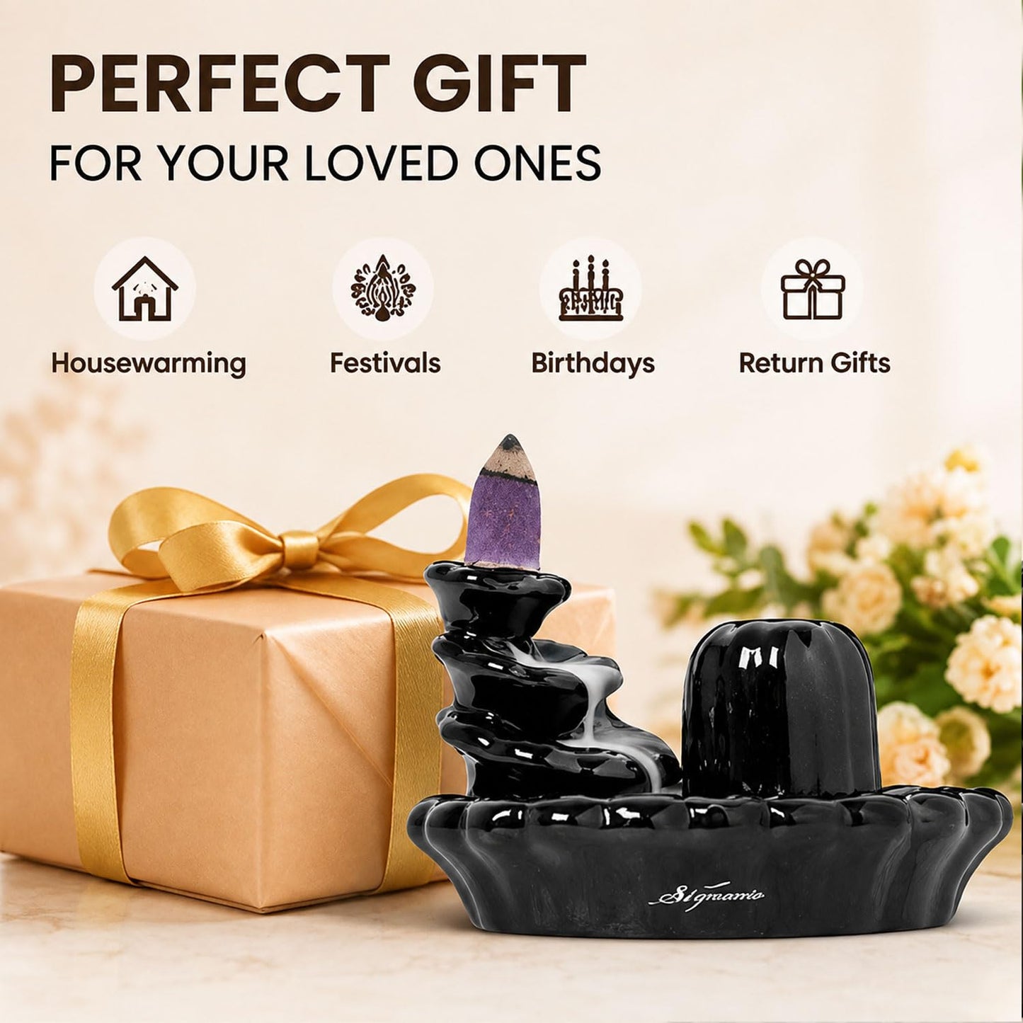Signamio Aromatic Essence of Ceramic Shivling Shiva Backflow dhoop Smoke Fountain Incense Burner Holder with 30 Cones - Incense Holder for Meditation and Home Decor-MA-17