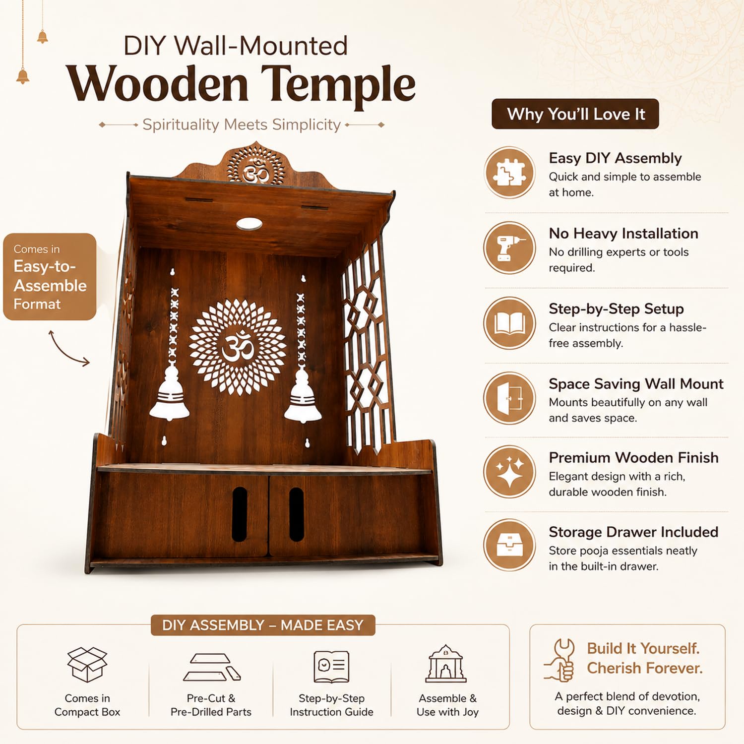 SIGNAMIO Mandir for Home with LED Light | Wooden MDF Puja Mandir | Wall Mounted Temple | Home Temple with Storage Drawer | Decorative Wooden Temple for Living Room & Prayer Room