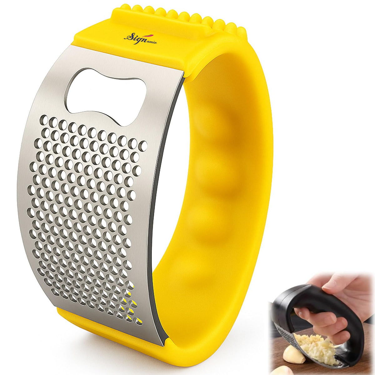 Signamio Garlic Peeler Tool - Versatile Garlic Crusher Mini Hand Press Chopper for Effortless Garlic Preparation, Durable and Easy to Clean Kitchen Essential - Yellow