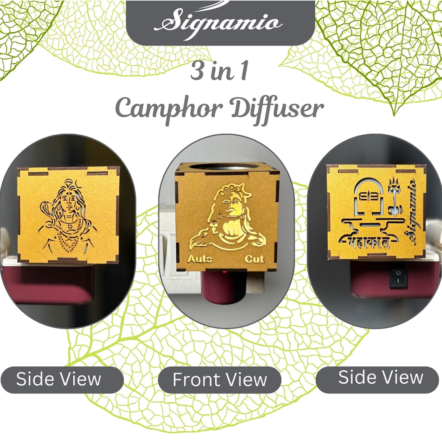 SIGNAMIO® Auto Cut Wooden Adiyogi Shiva Camphor Kapoor Bakhoor Oud Aroma Oil Diffuser Incense Dhoop Burner Electrical Stand Machine for Home Fragrance with Night Lamp