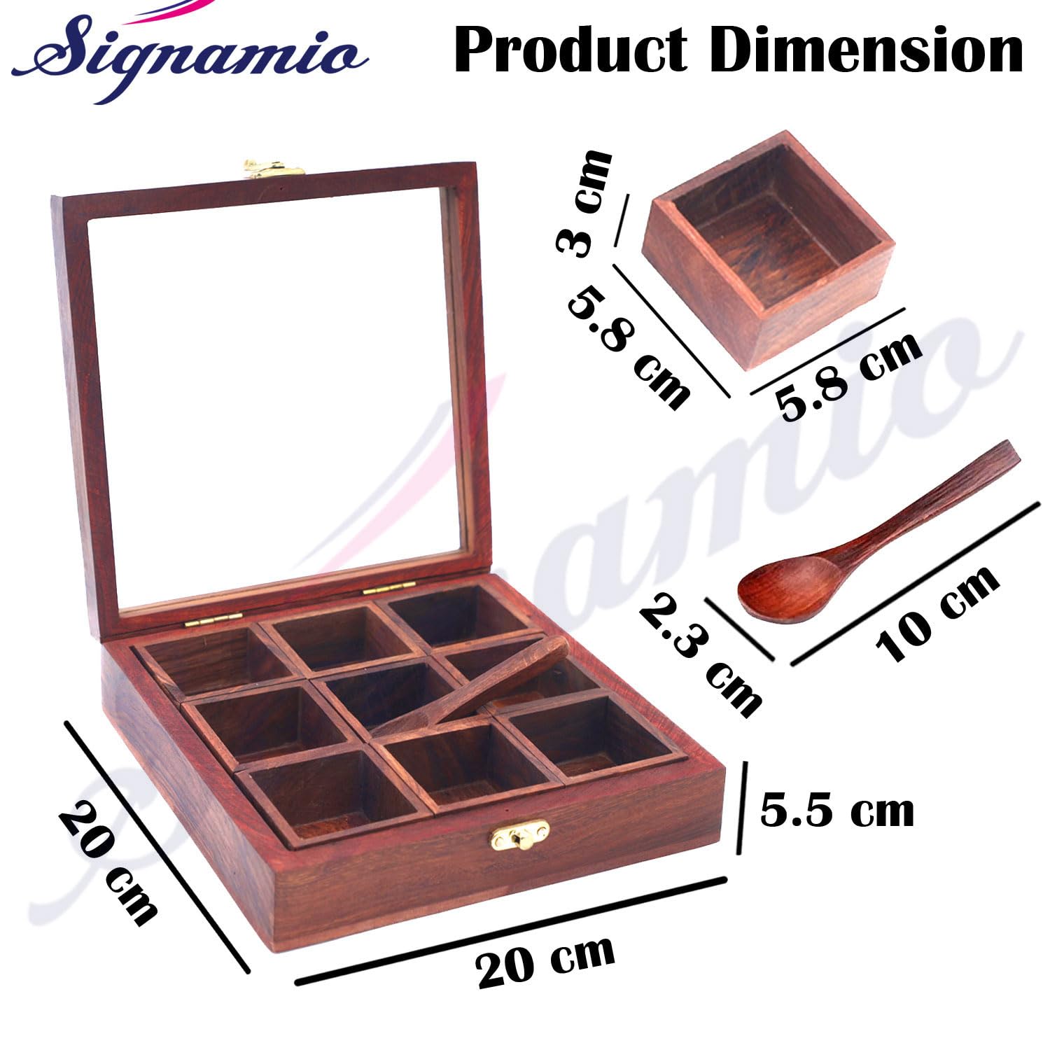 SIGNAMIO® Square Wooden Spice Box with Detachable Containers and Spoon, Transparent Glass Masala dani for Kitchen Storage, Anjarai Petti Style Organizer, Perfect Wooden Masala Box for Kitchen Use