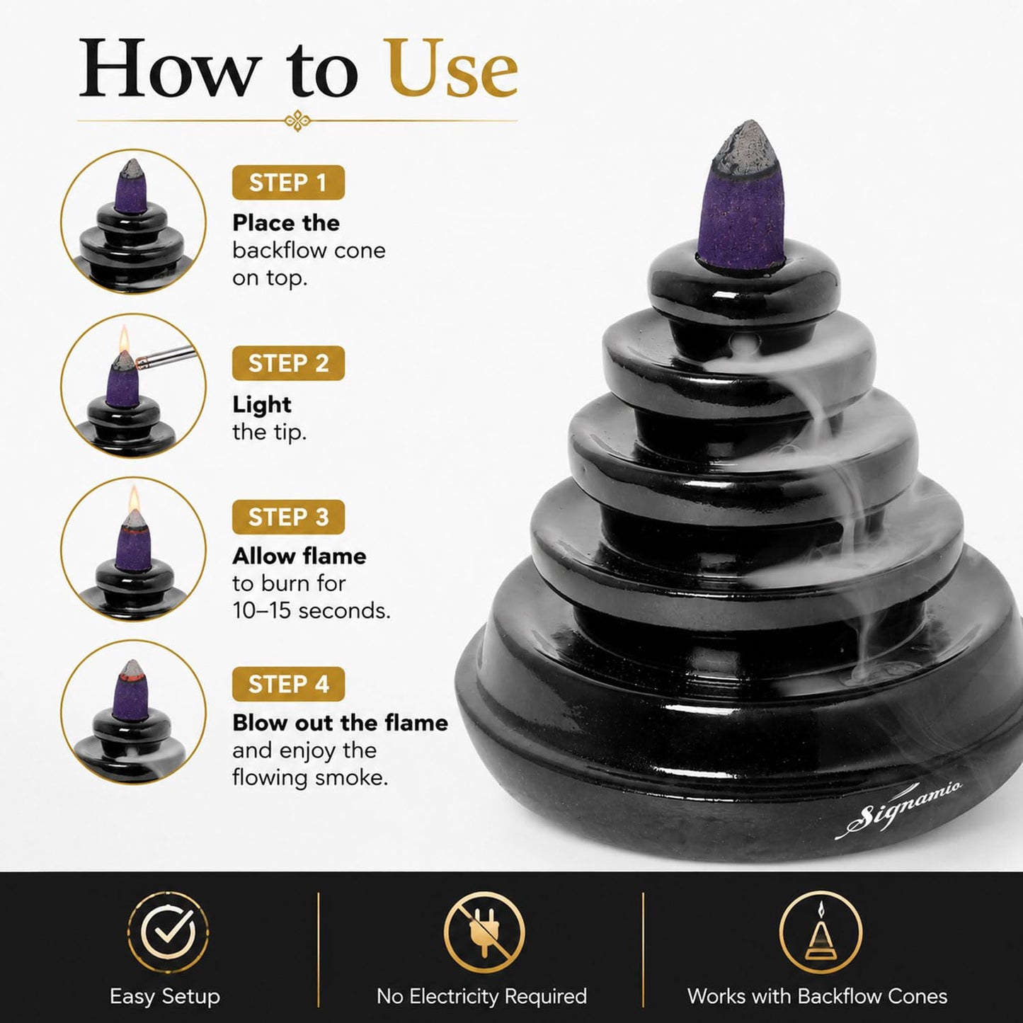 Signamio Ceramic Backflow Incense Fountain - 30 Cones Included for Pooja Meditation, Elegant Backflow Incense Holder, Aesthetic Incense Burner for Decor-DN-16