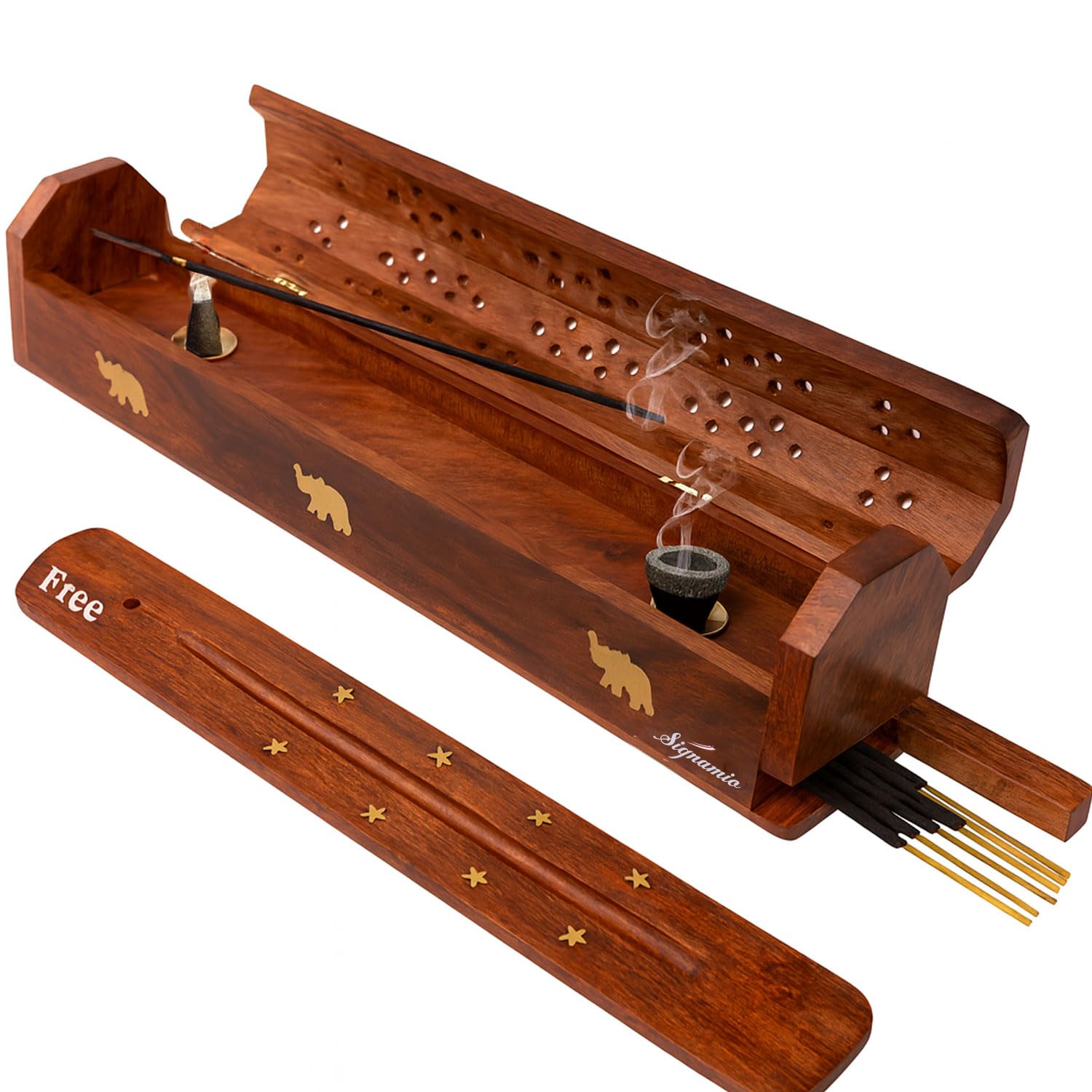SIGNAMIO® 2pcs Wooden Horizontal Agarbatti and Dhoop Holder Premium Incense Stick Stand with Ash Catcher for Pooja Room - Essential Puja Items for Home & Agarbatti Stand Holder with Storage Box