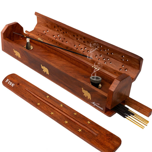 SIGNAMIO® 2pcs Wooden Horizontal Agarbatti and Dhoop Holder Premium Incense Stick Stand with Ash Catcher for Pooja Room - Essential Puja Items for Home & Agarbatti Stand Holder with Storage Box