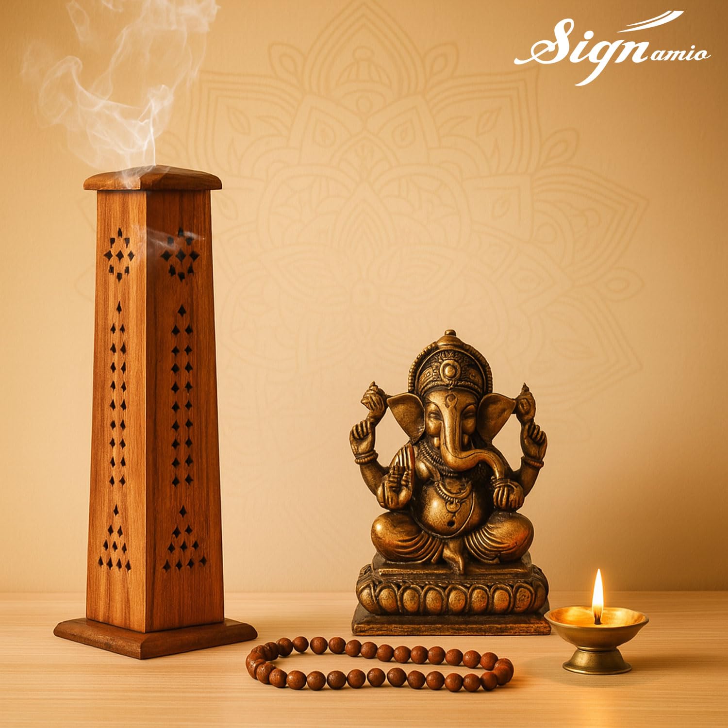 SIGNAMIO® 2pcs Square Wooden Agarbatti Stand with Ash Catcher: Premium Incense Stick and Dhoop Holder Set for Pooja Room Decoration - Essential Puja Items for Home Mandir & Agarbatti Storage Box
