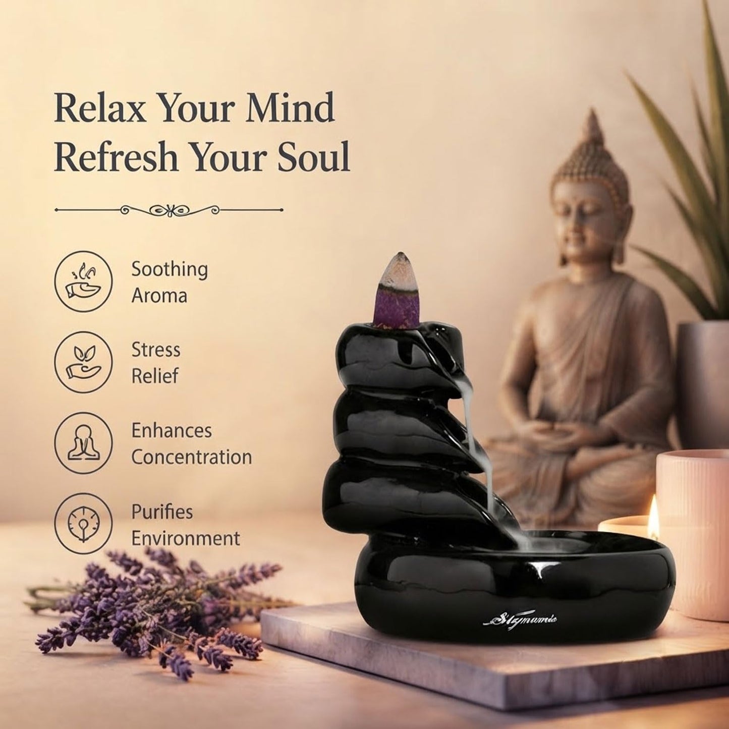 Signamio Ceramic Backflow Incense Fountain - 30 Cones Included for Pooja Meditation, Elegant Backflow Incense Holder, Aesthetic Incense Burner for Decor-DN-24