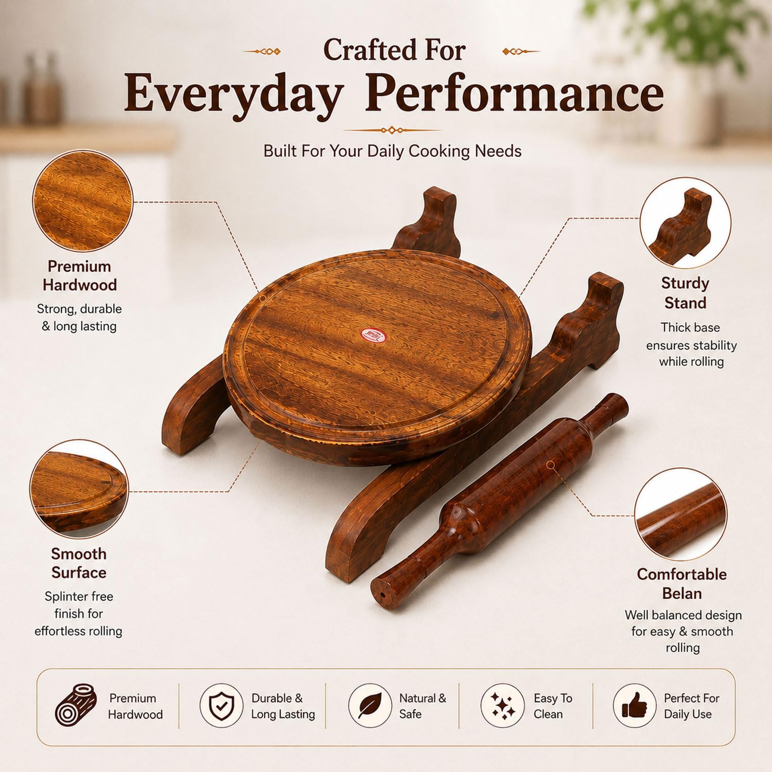 SIGNAMIO® Wooden Chakla Belan Set for Kitchen - Roti Maker with Rolling Pin and Board Stand - Perfect Chapati Rolling Board and Polpat Latna for Effortless Roti and Chapati Preparation