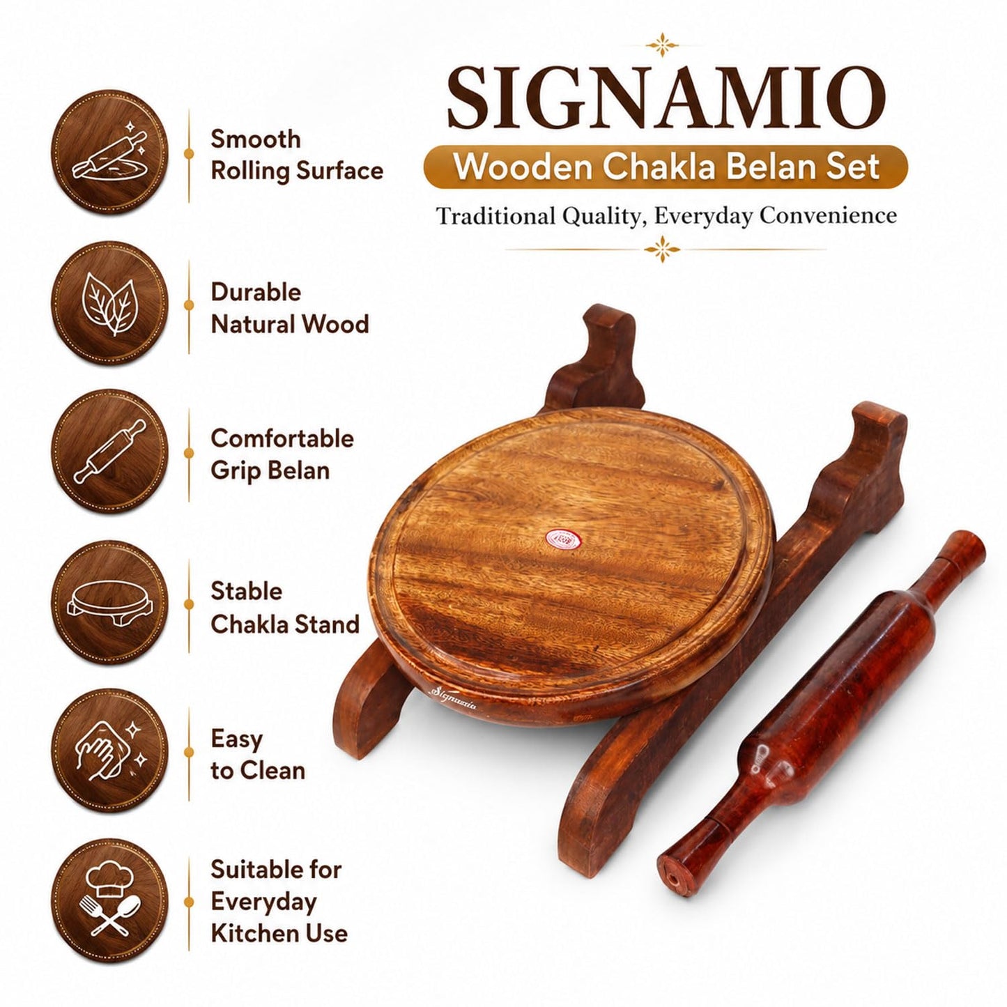 SIGNAMIO® Wooden Chakla Belan Set for Kitchen - Roti Maker with Rolling Pin and Board Stand - Perfect Chapati Rolling Board and Polpat Latna for Effortless Roti and Chapati Preparation