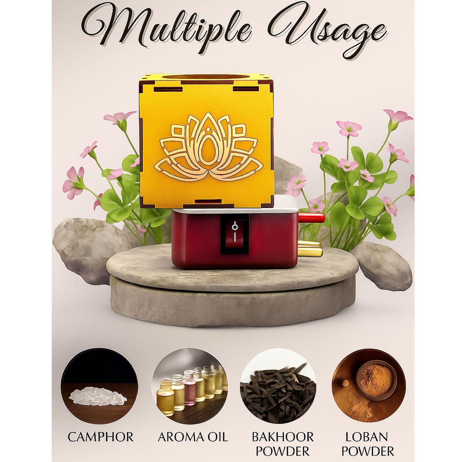 SIGNAMIO® Auto Cut Wooden Bharat Camphor Kapoor Bakhoor Oud Aroma Oil Diffuser Incense Dhoop Burner Electrical Stand Machine for Home Fragrance with Night Lamp