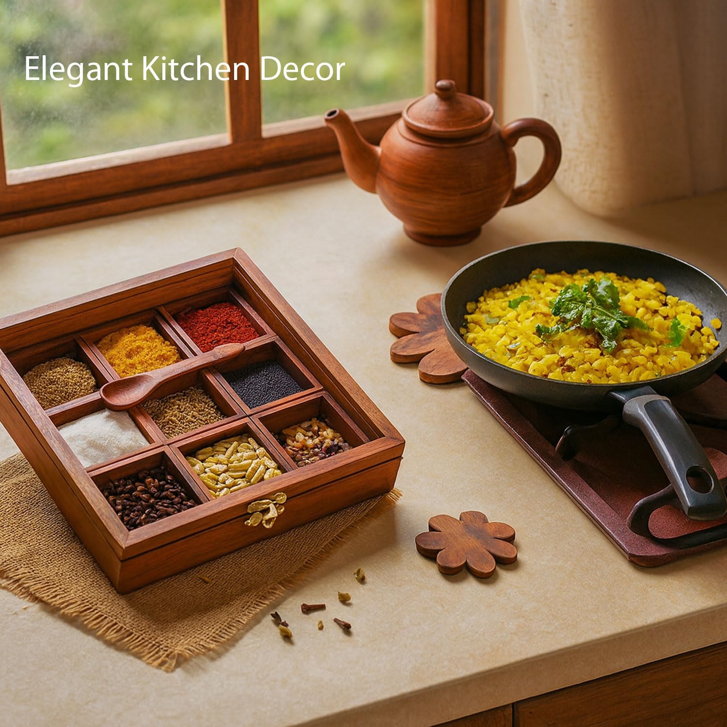 SIGNAMIO® Square Wooden Spice Box with Detachable Containers and Spoon, Transparent Glass Masala dani for Kitchen Storage, Anjarai Petti Style Organizer, Perfect Wooden Masala Box for Kitchen Use