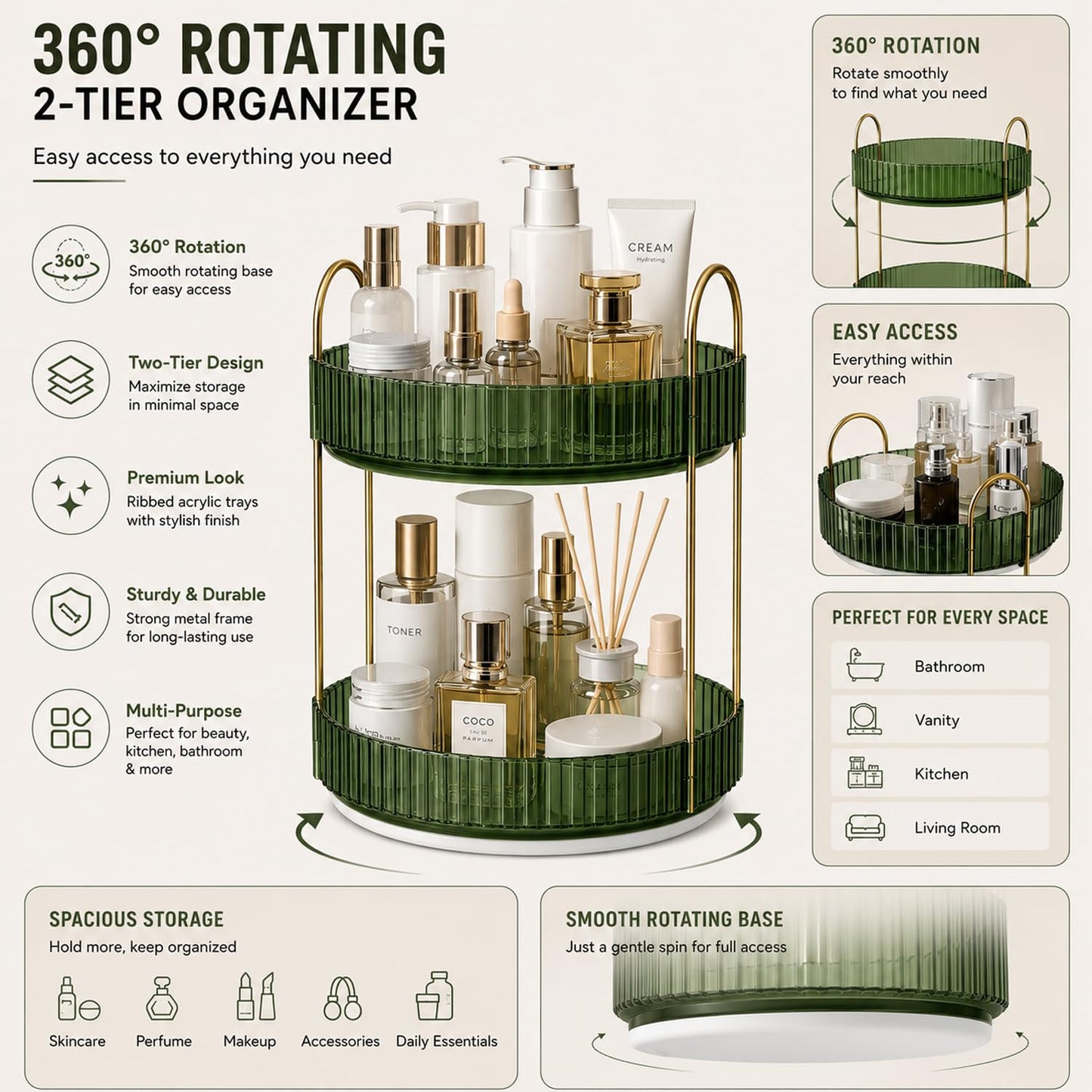 SIGNAMIO Gold 2-Tier 360 Rotating Tray Organizer Vintage Green