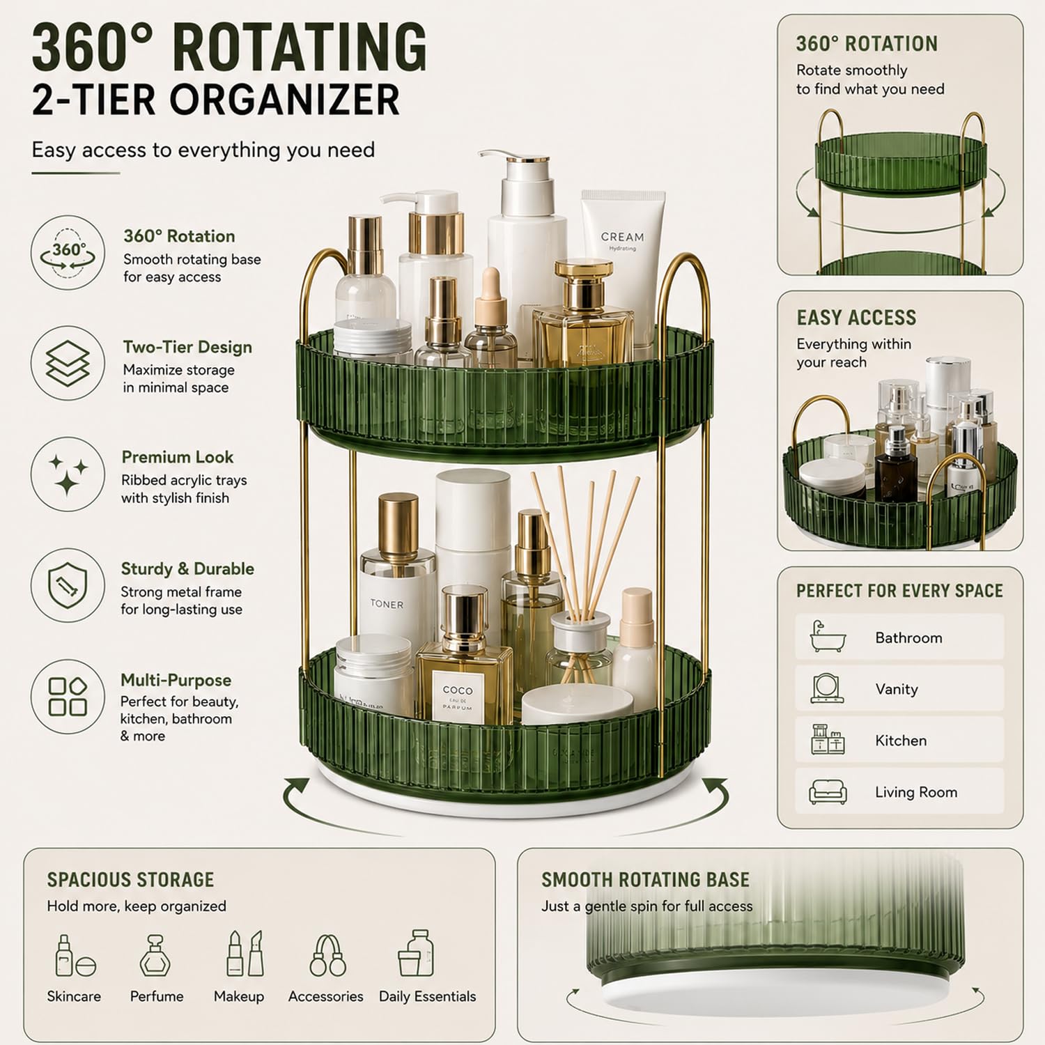 SIGNAMIO Gold 2-Tier 360 Rotating Tray Organizer Vintage Green