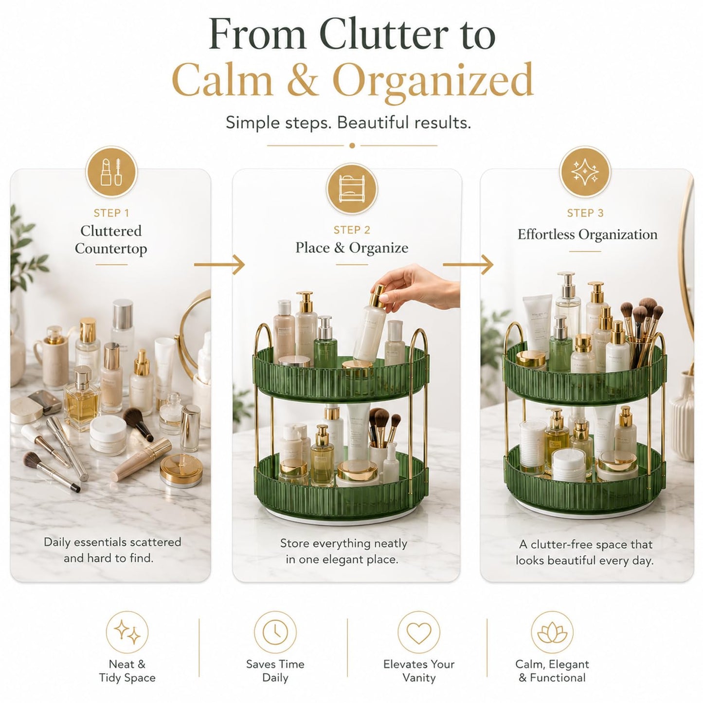 SIGNAMIO Gold 2-Tier 360 Rotating Tray Organizer Vintage Green