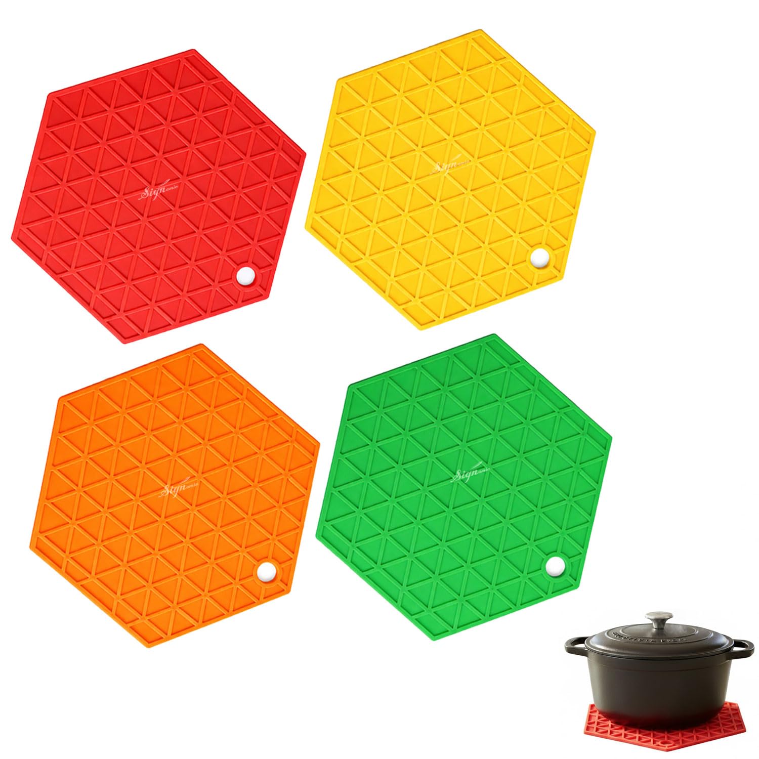 Signamio Silicone Mat for Kitchen - Pack of 4 Hexagon Heat Mats - Coasters for Dining Table for Hot Pots - Trivet Mat Set for Kitchen & Dining - Heat Resistant Silicone Mats