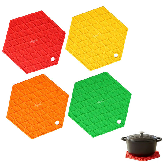 Signamio Silicone Mat for Kitchen - Pack of 4 Hexagon Heat Mats - Coasters for Dining Table for Hot Pots - Trivet Mat Set for Kitchen & Dining - Heat Resistant Silicone Mats