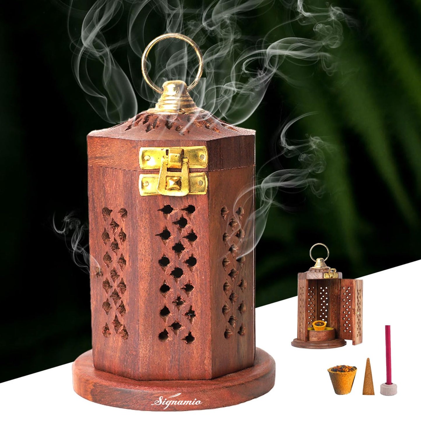 SIGNAMIO® 2pcs Wooden Tower Agarbatti and Dhoop Holder Premium Incense Stick Stand with Ash Catcher for Pooja Room Decoration - Puja Items for Home Mandir & Agarbatti Stand Holder with Storage Box