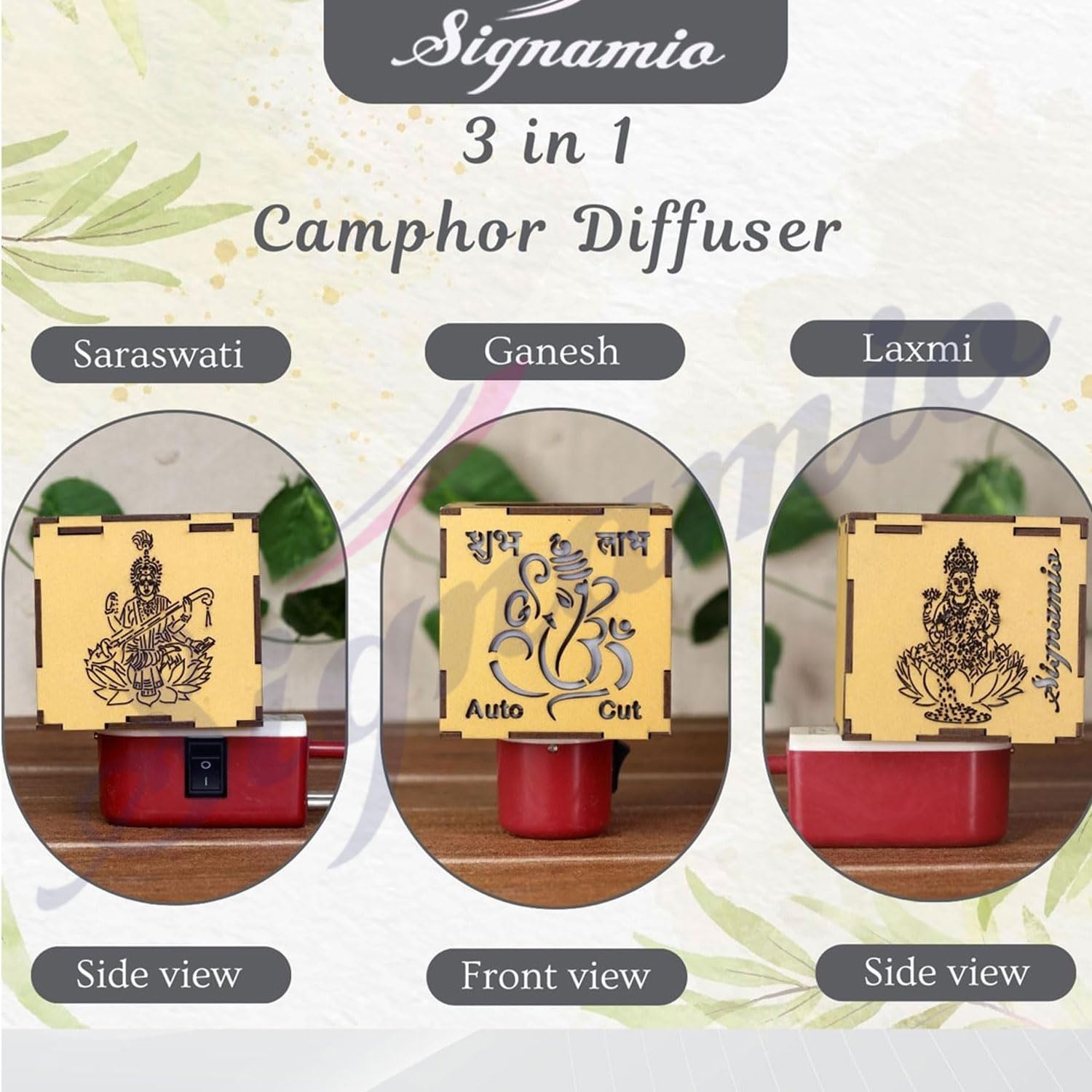 SIGNAMIO® Auto Cut Wooden Ganesha Laxmi Saraswati Camphor Kapoor Bakhoor Oud Aroma Oil Diffuser Incense Dhoop Burner Electrical Stand Machine for Home Fragrance with Night Lamp